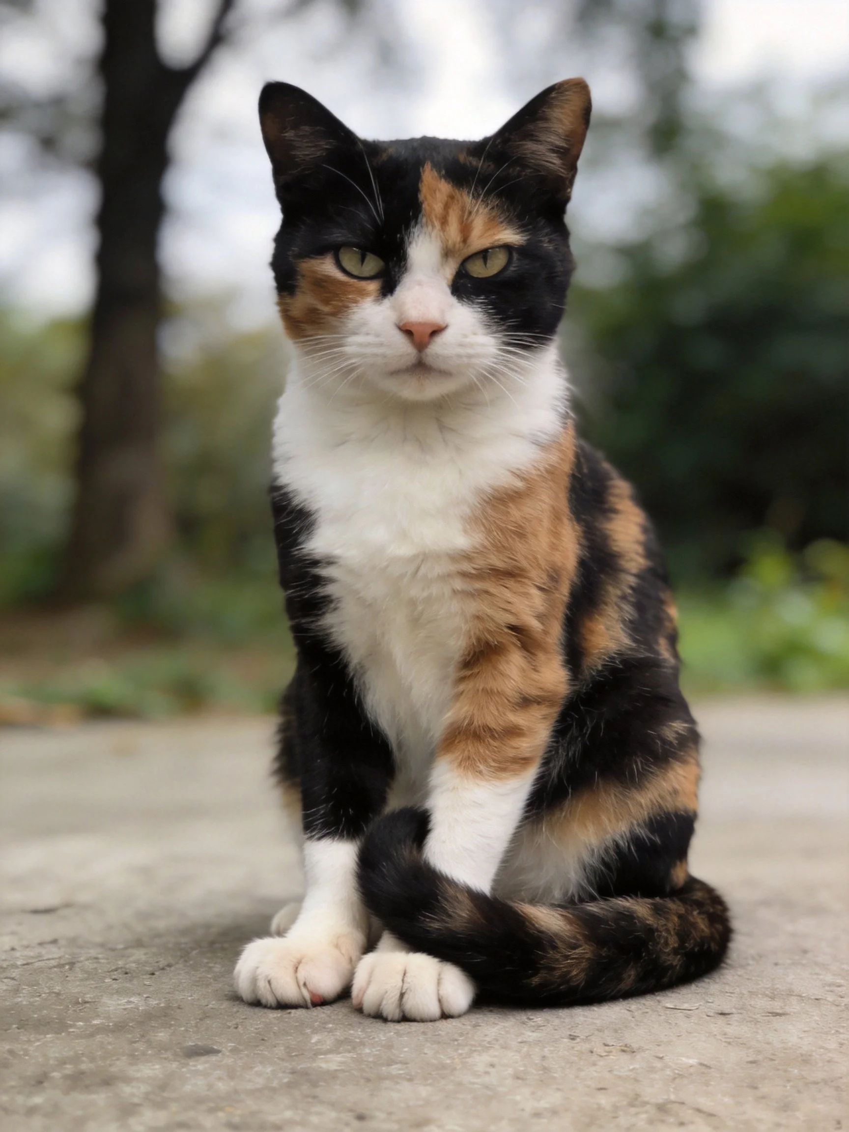 A tri-colored calico cat sits calmly on a concrete path with blurred greenery in the background