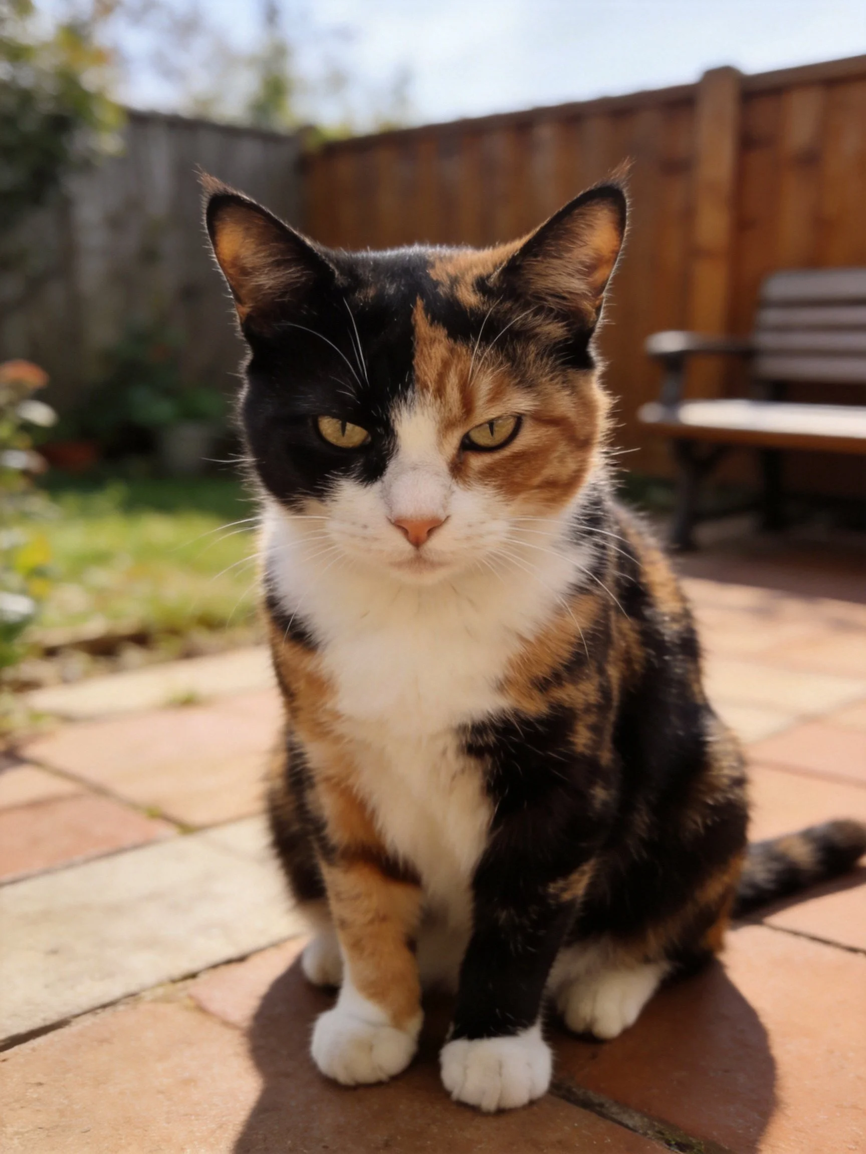 A tri-colored calico cat sits calmly on a brick patio outdoors