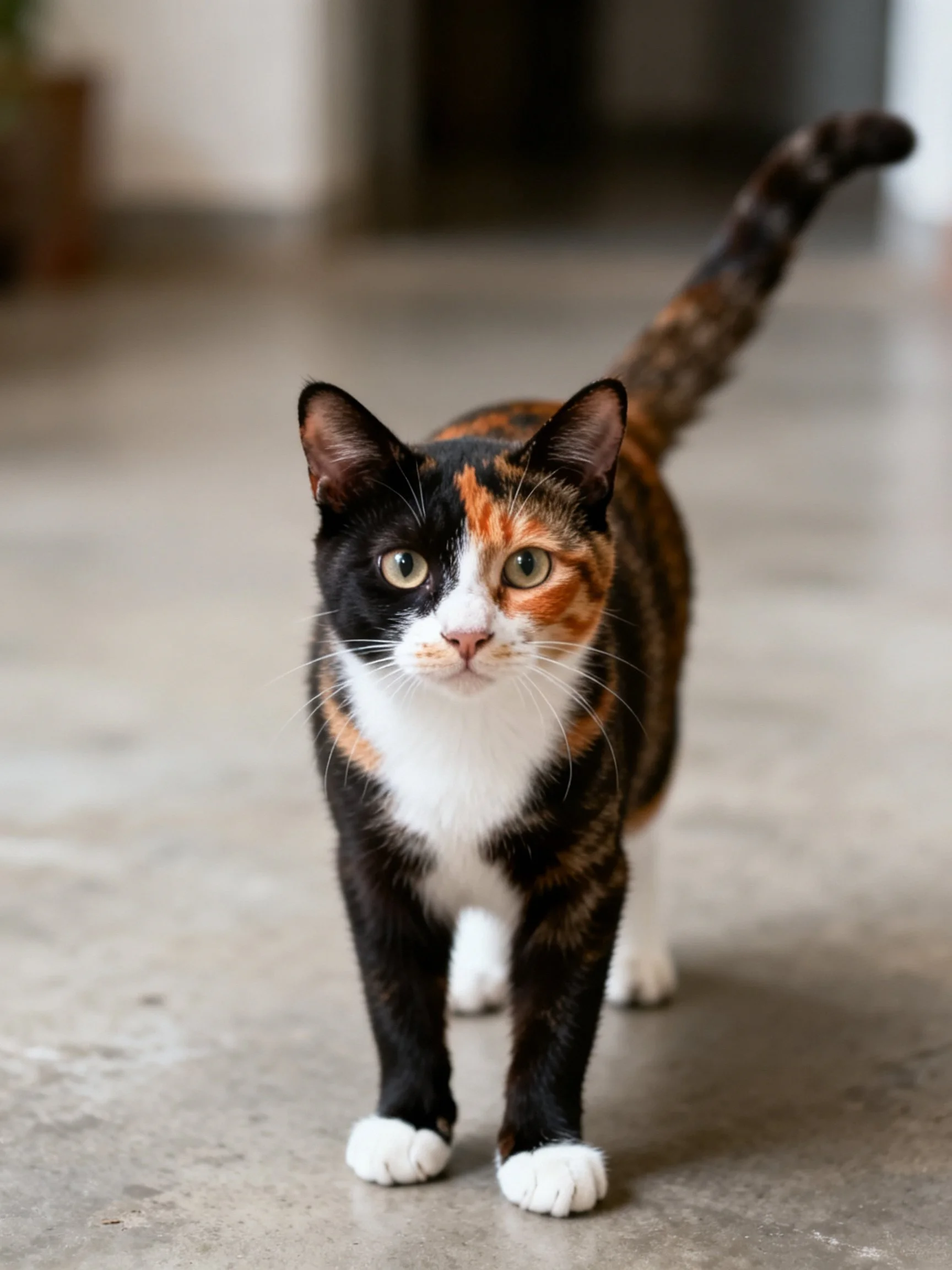 A tri-colored calico cat walking indoors on a smooth floor