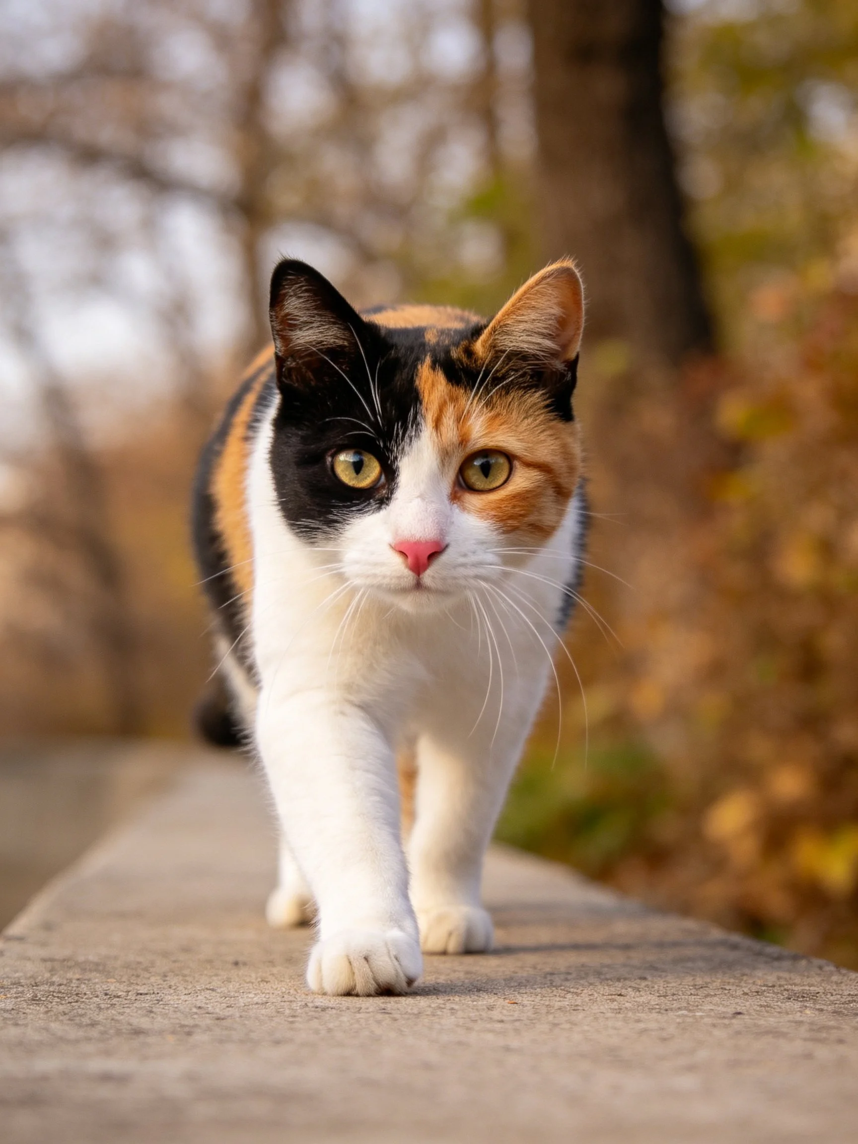 A tri-colored calico cat walks along a concrete ledge in an outdoor setting.