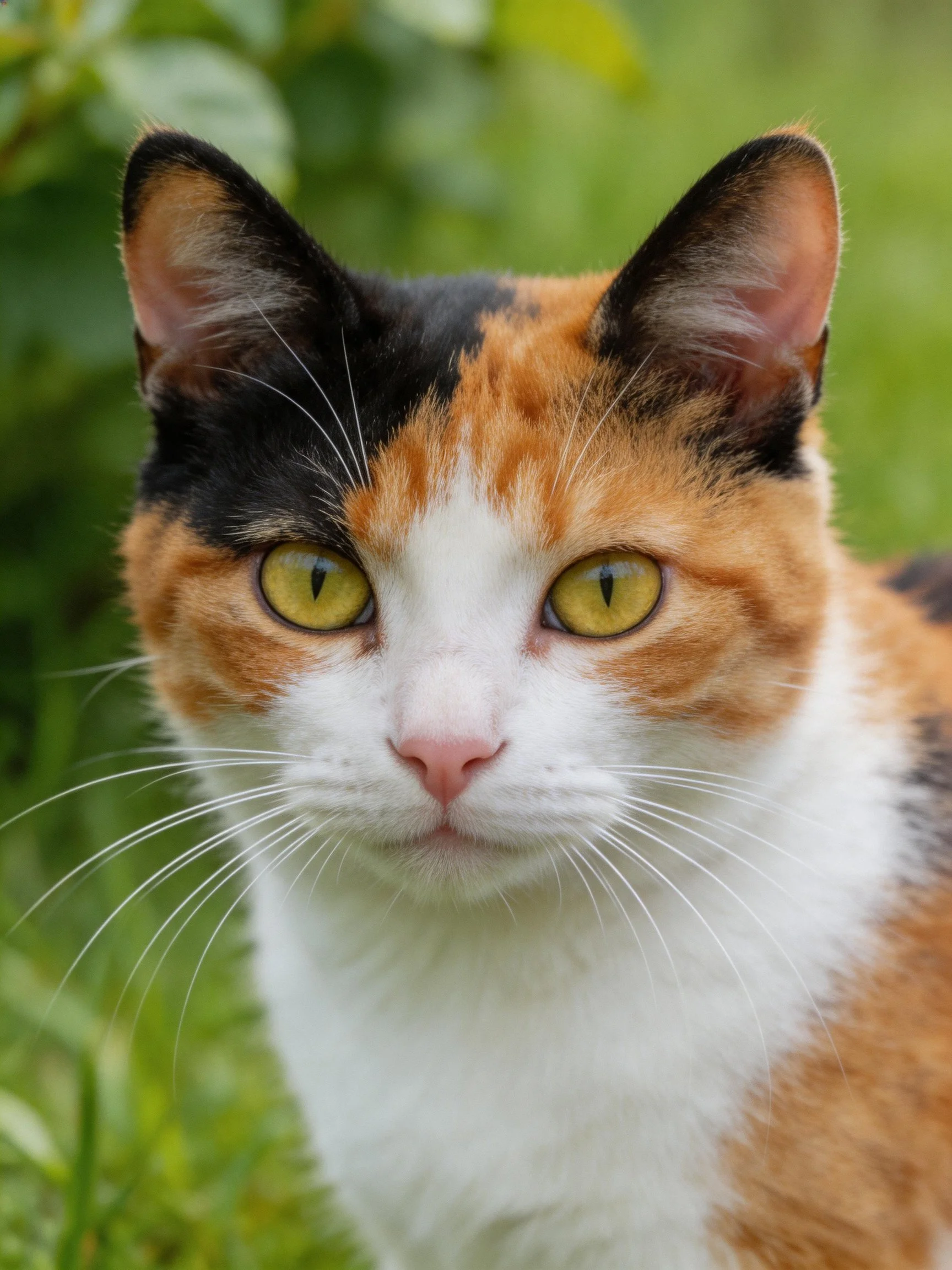 A tri-colored calico cat stands calmly among lush greenery.