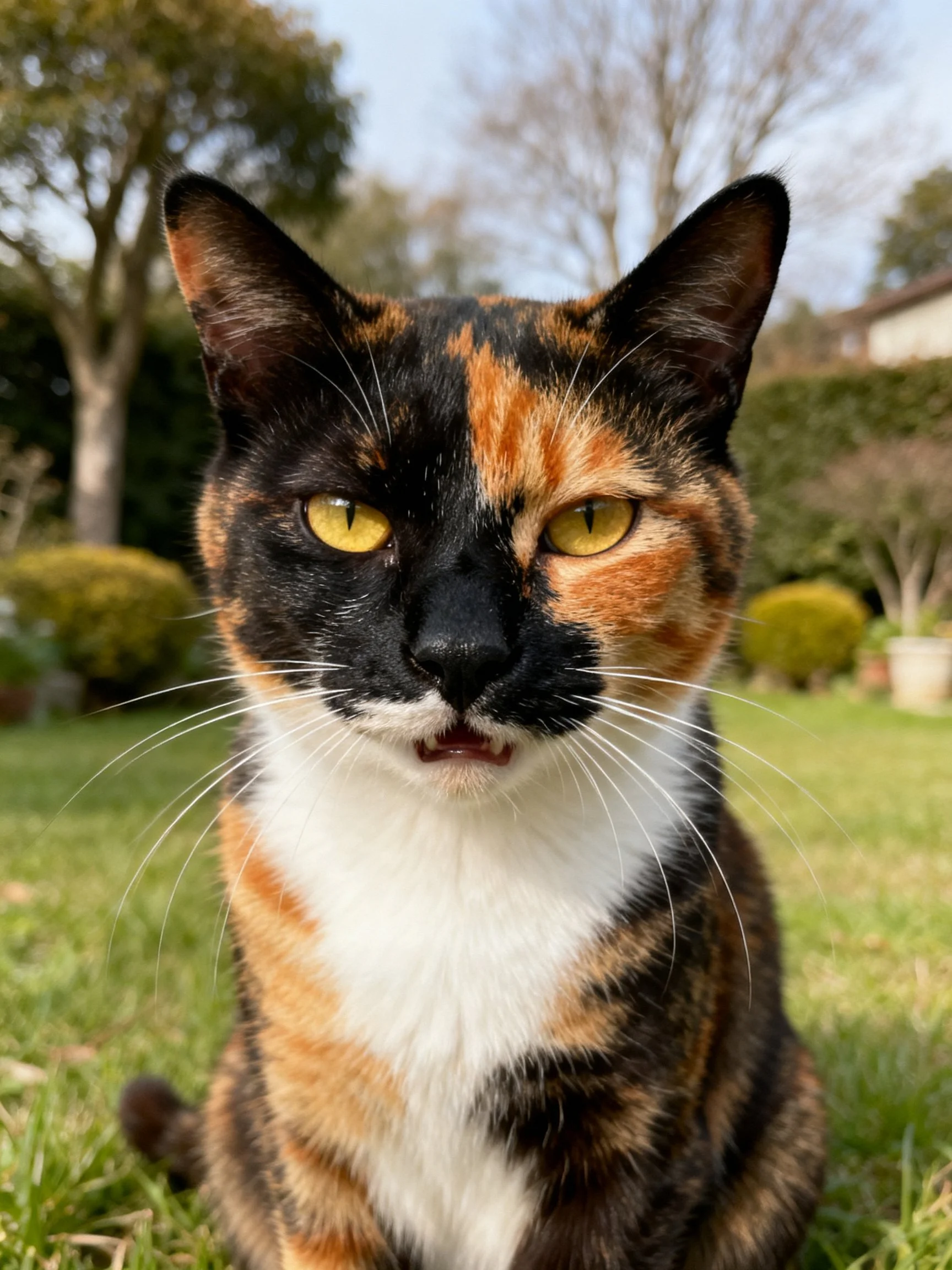 A tri-colored calico cat sits in a sunny garden