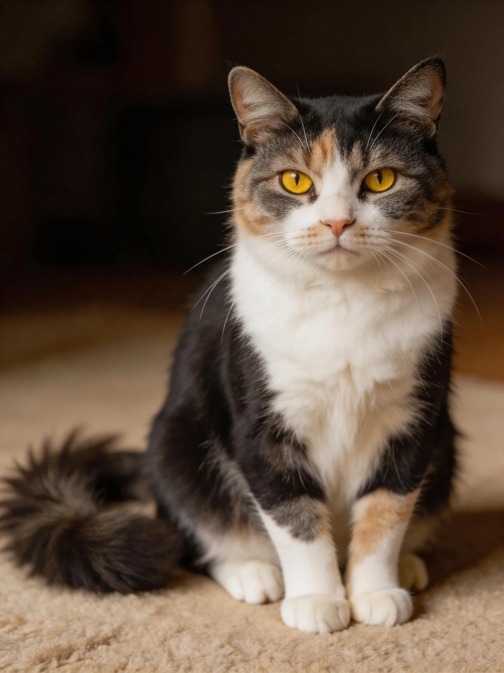 A tri-colored calico cat with yellow eyes sits calmly on a carpet.