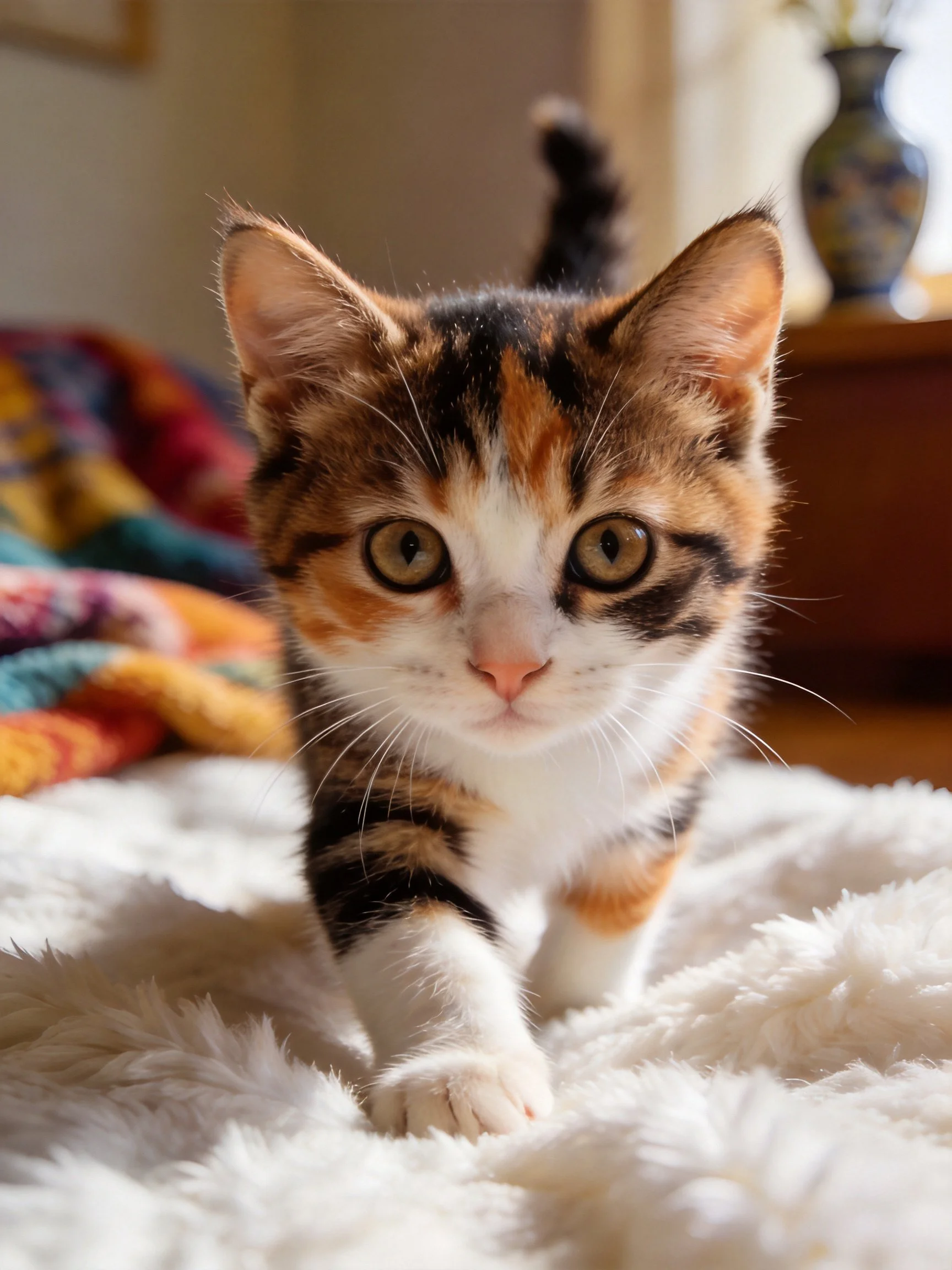 A tri-colored calico kitten explores a soft white blanket near vibrant textiles