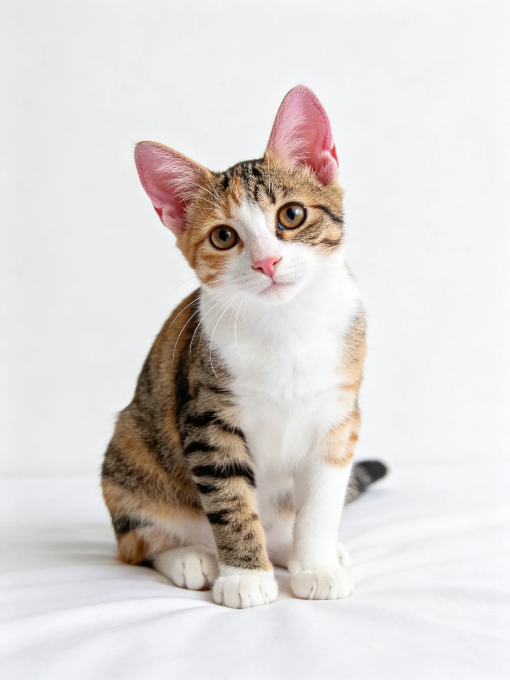 A young calico kitten with mixed fur colors rests on a white background.