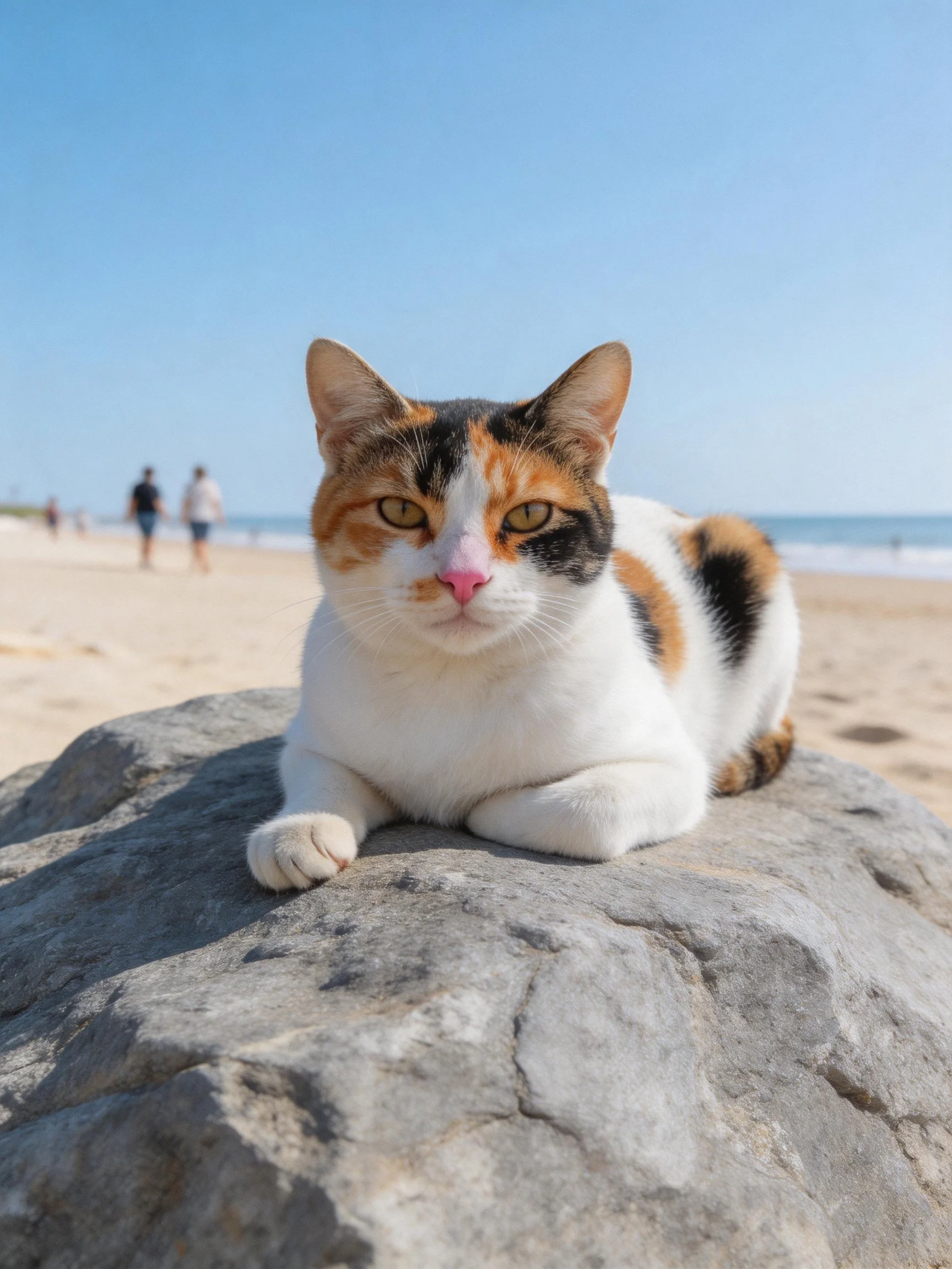 A tri - colored cat lounges on a massive gray rock by the sandy shore