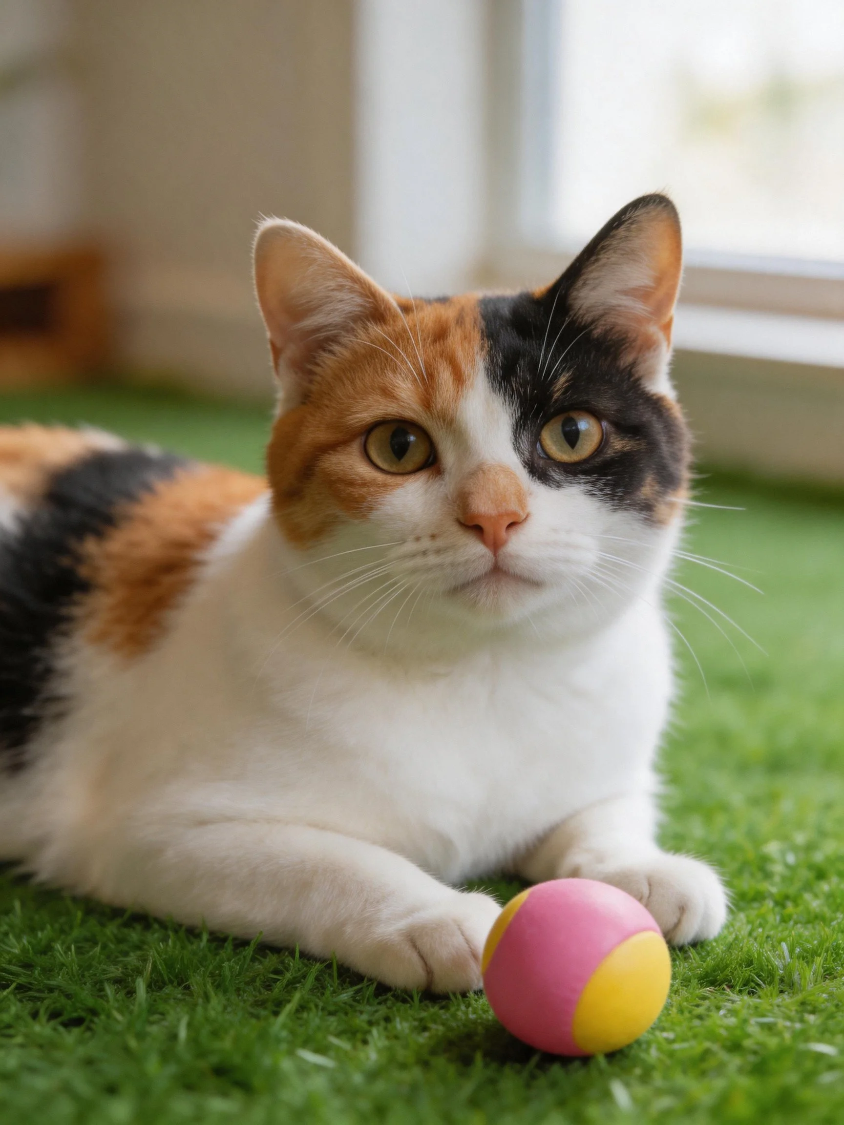 A tri-colored cat sits calmly next to a colorful ball on artificial grass.