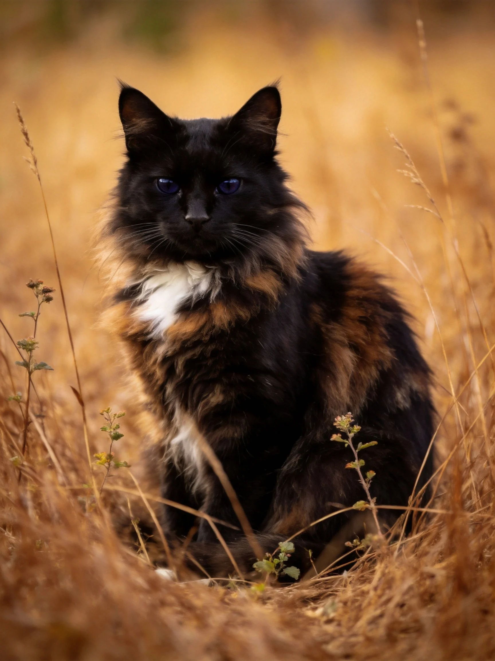 A tri-colored cat sits amid golden dry grasses