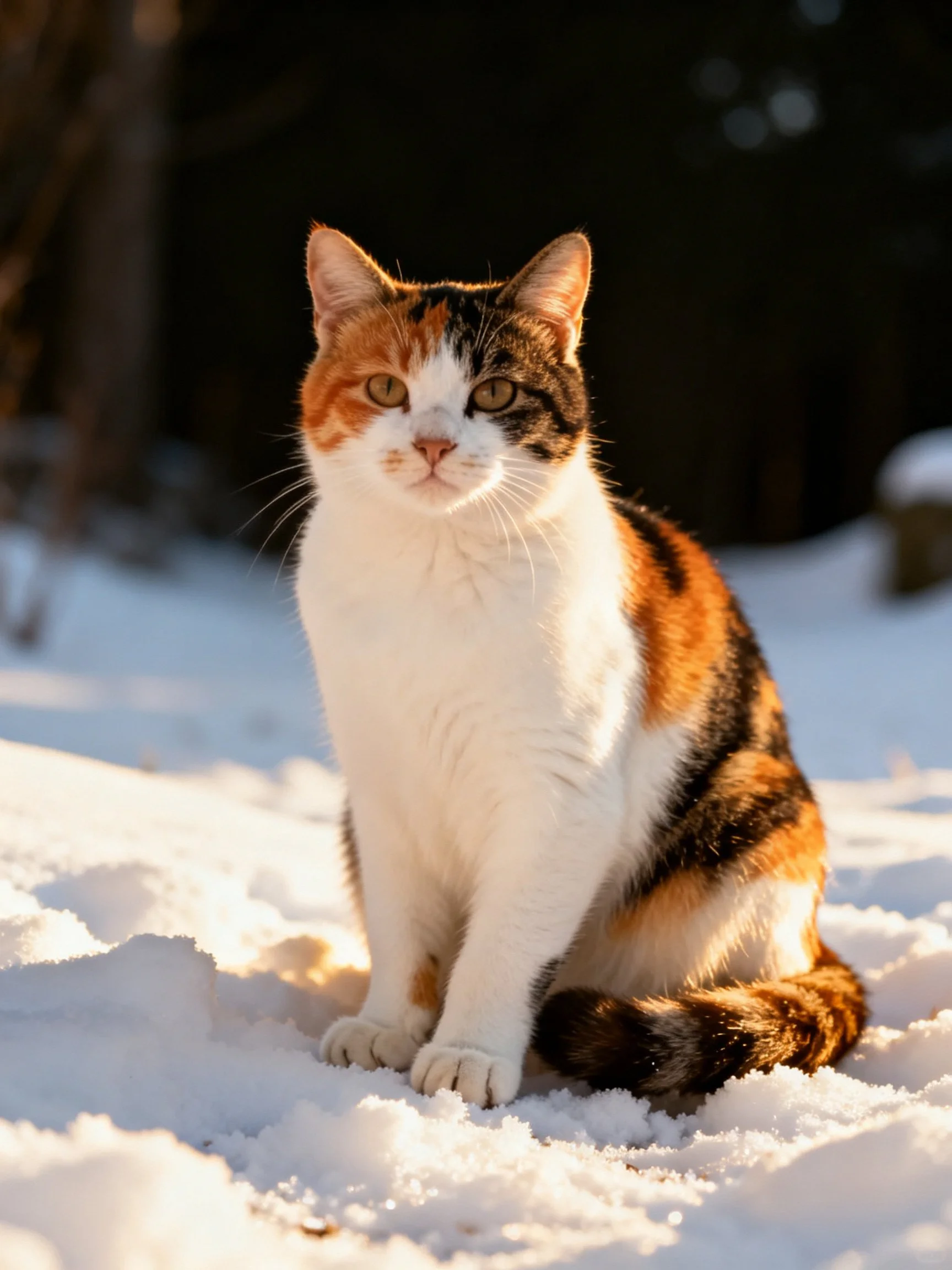 A tri-colored cat sits calmly on snowy ground