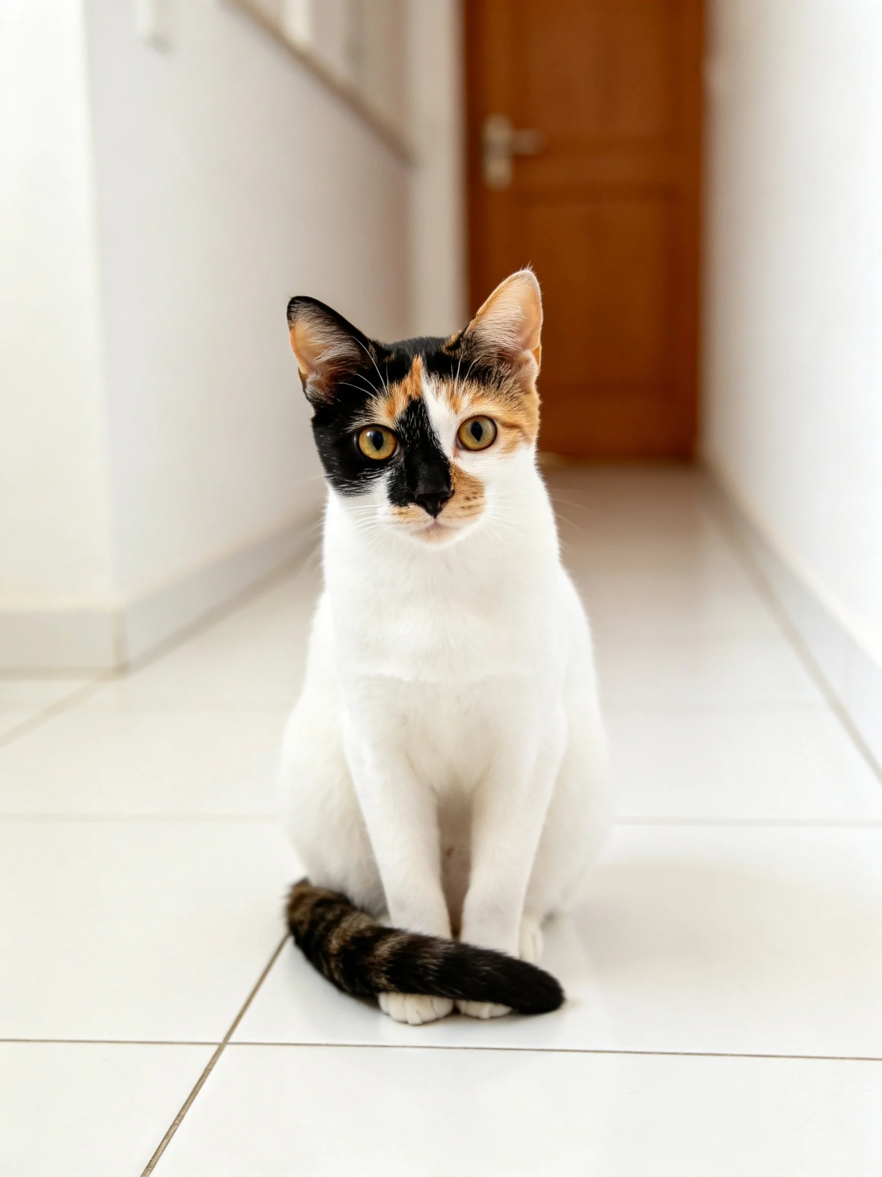 A tri-colored cat sits on white tiled flooring near a wooden door
