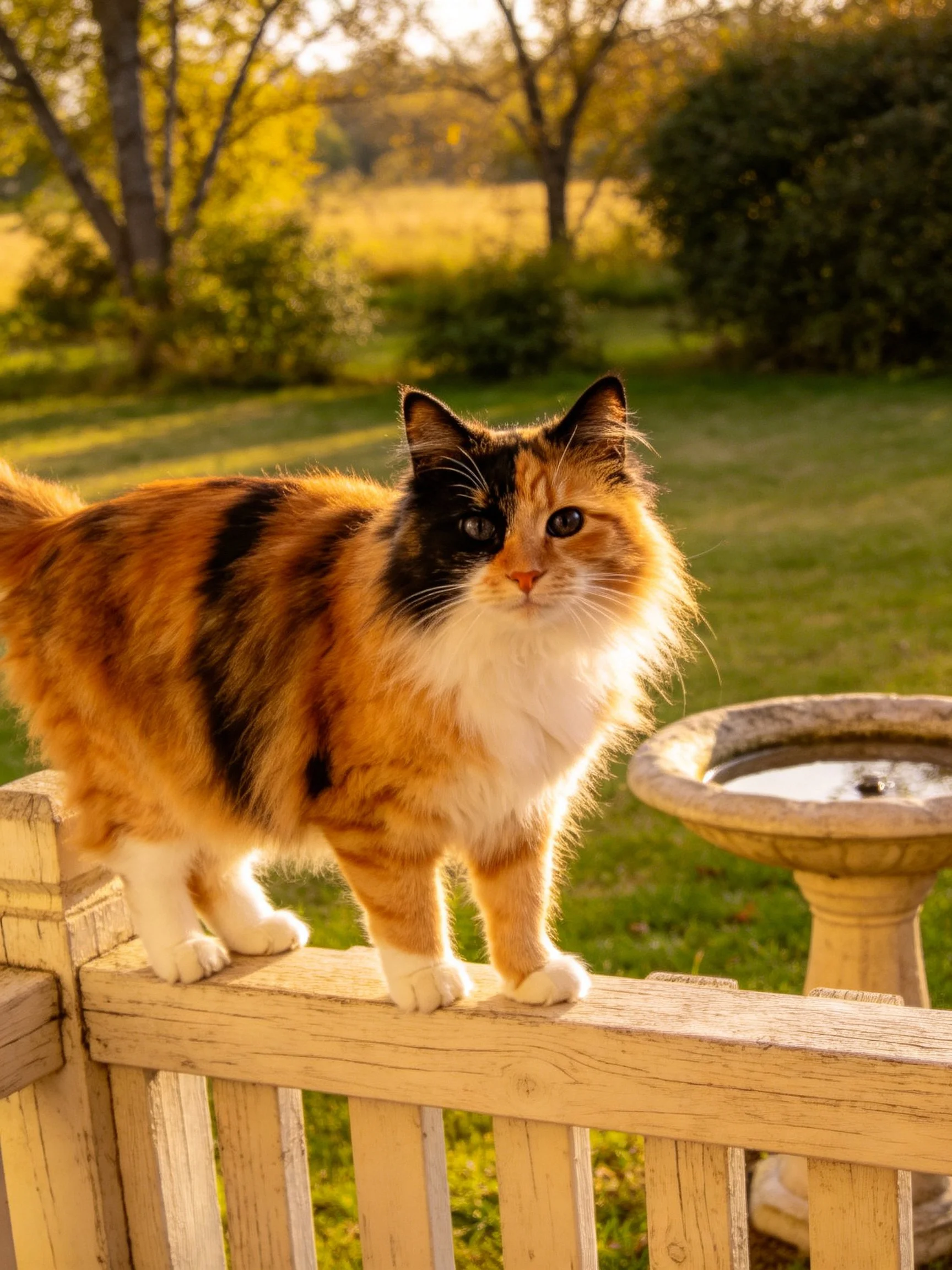 A calico cat stands on a wooden fence in a sunlit garden with a stone birdbath nearby.