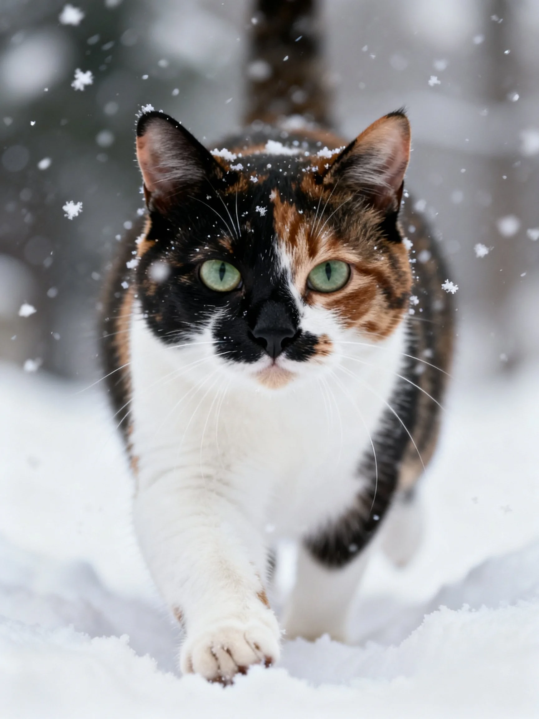 A tri-colored cat moves through a snowy landscape with falling snow.