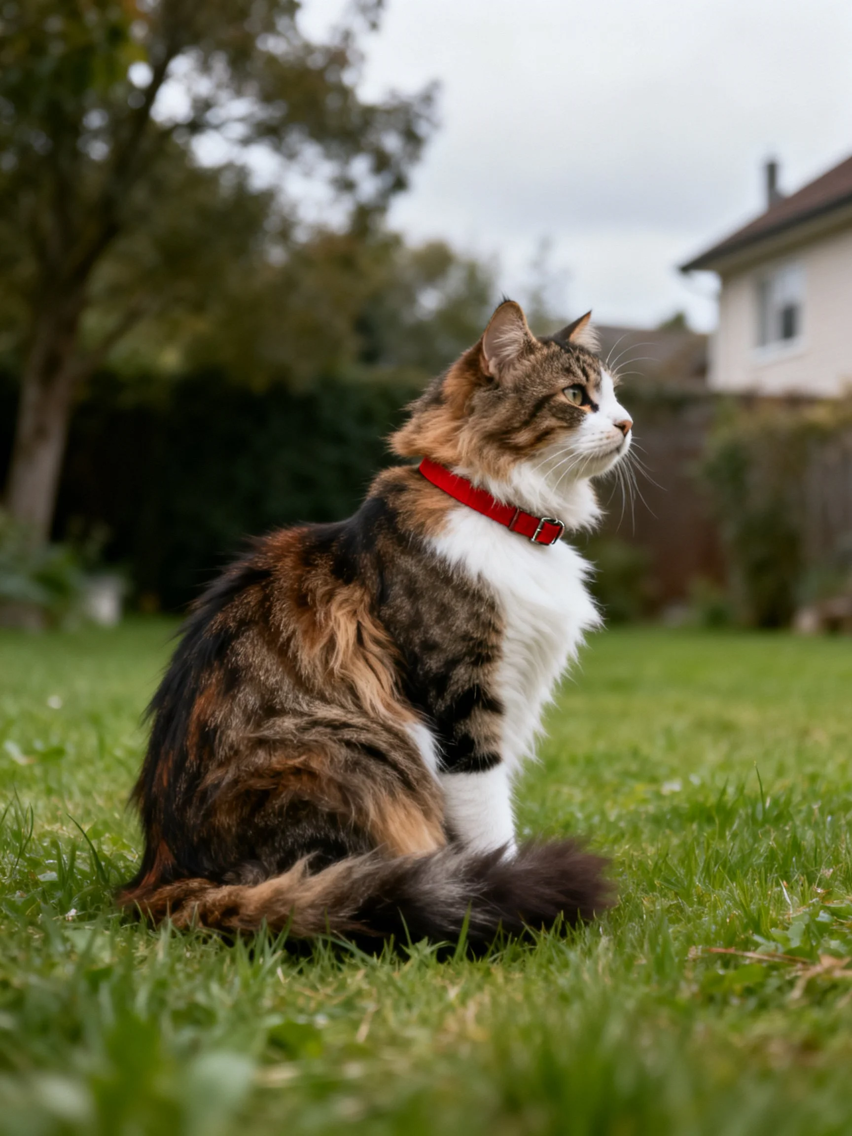A tri - colored cat with a bright red collar sits on lush green grass