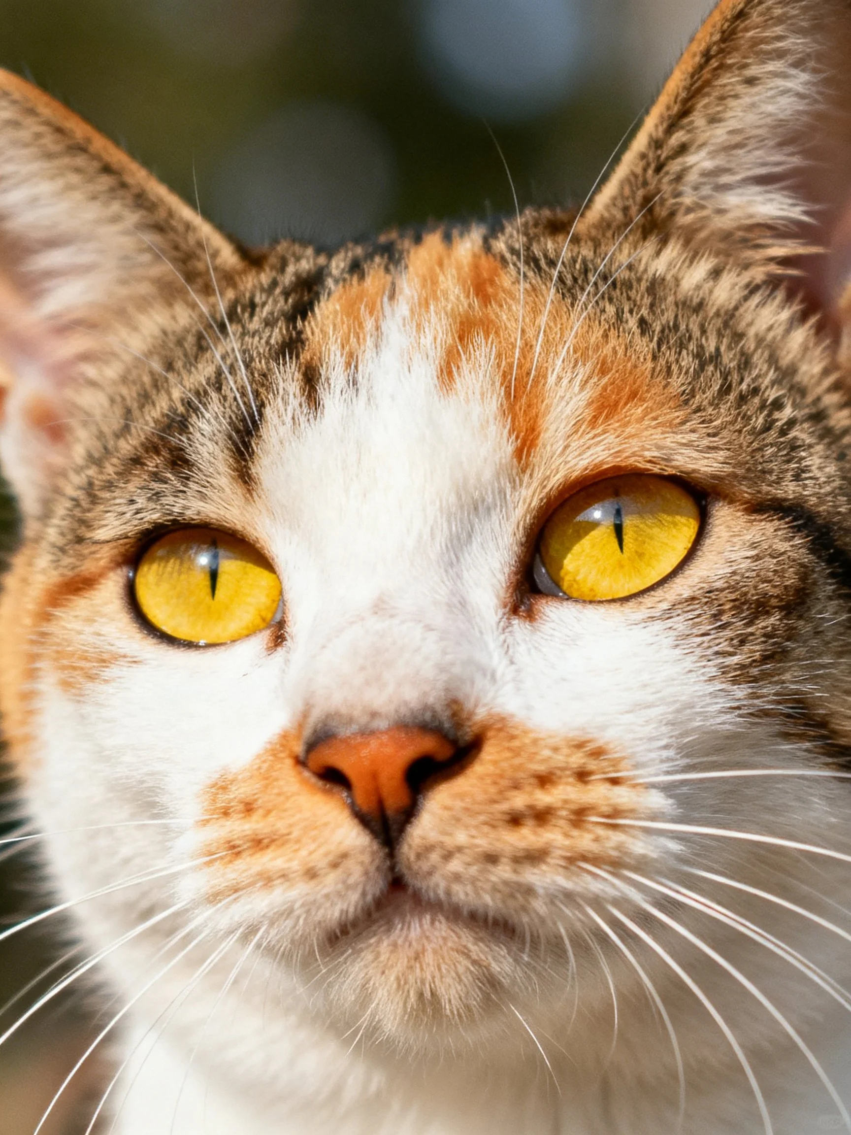 A tri - colored cat with bright yellow eyes in close - up detail