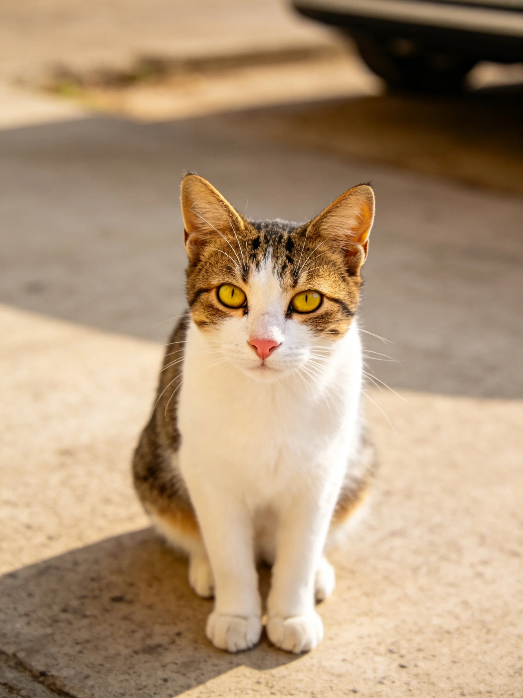 A tri-colored cat with yellow eyes sits calmly on concrete outdoors