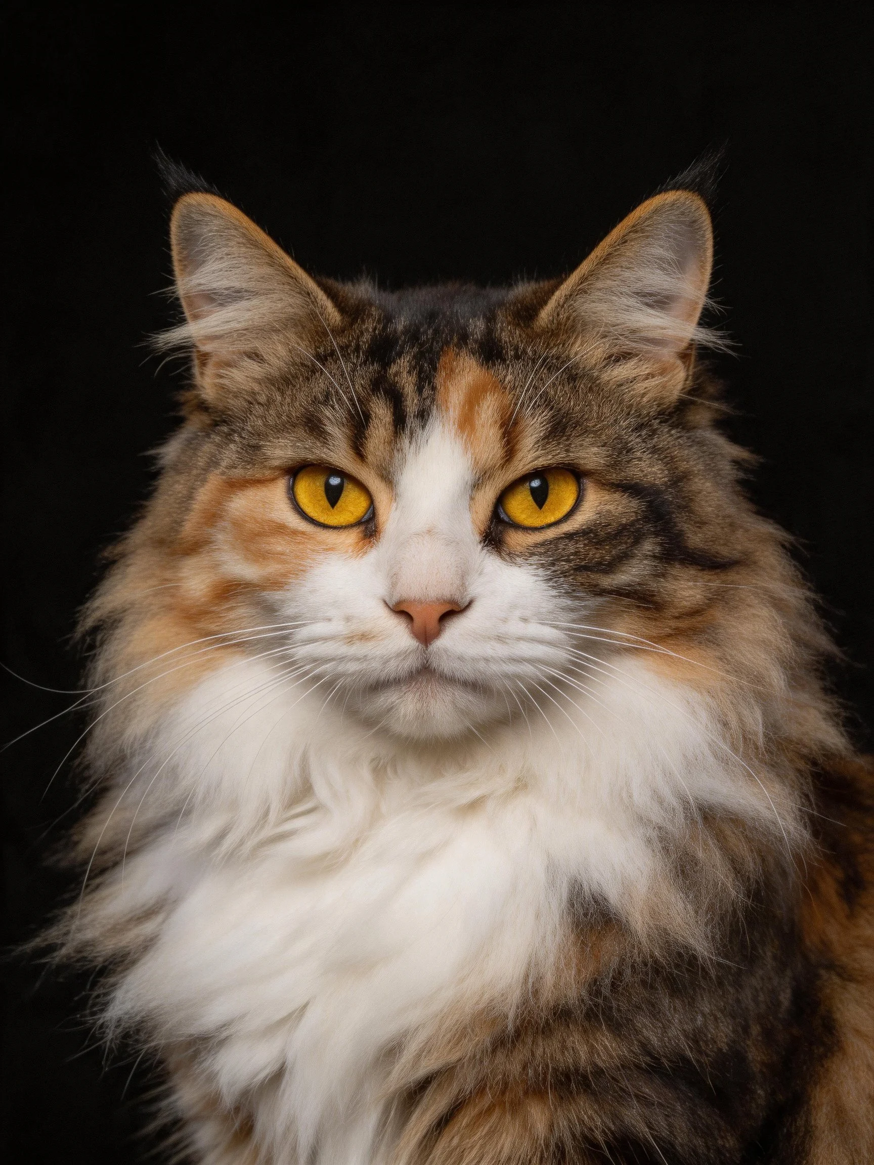 A tri-colored fluffy cat with bright yellow eyes is centered against a solid black background.
