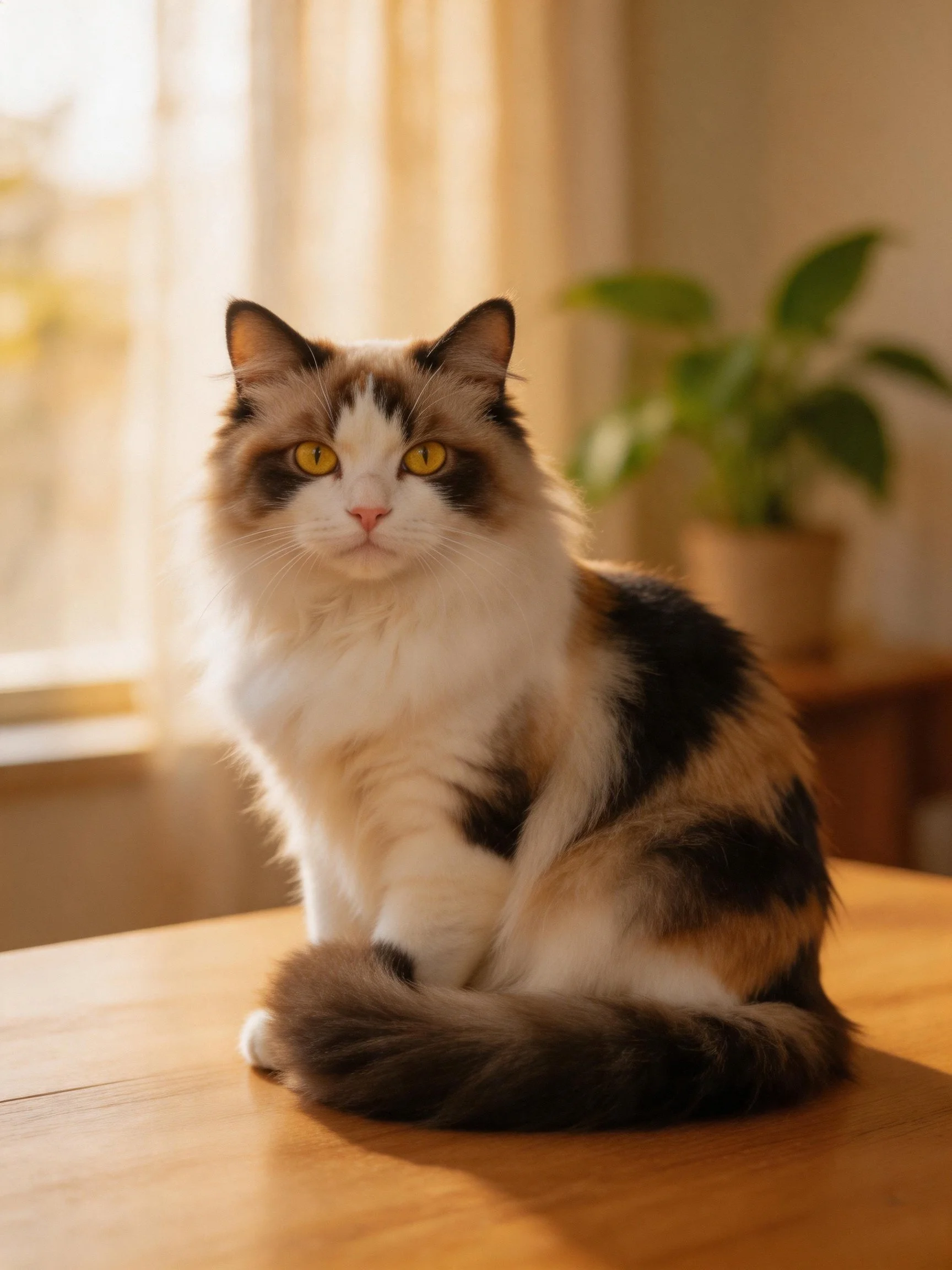 A tri-colored long-haired cat sits on a wooden table beside a potted plant