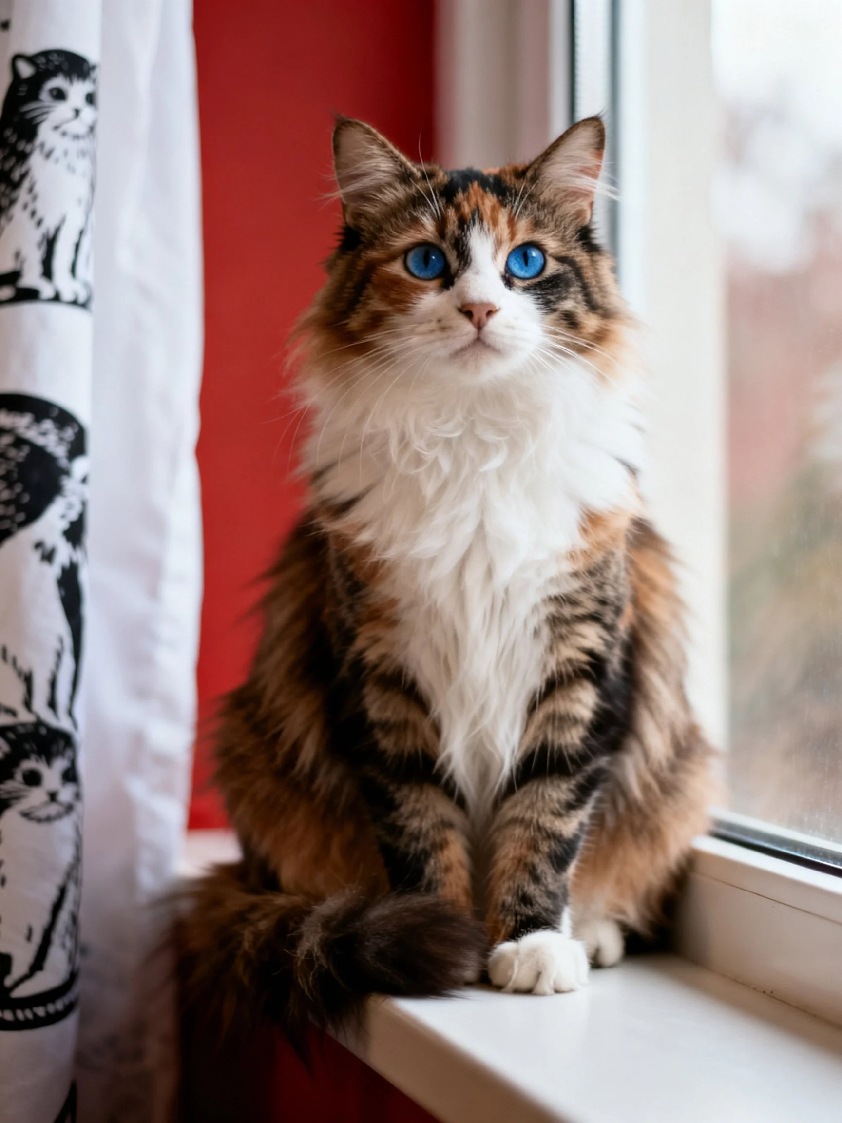 A tri-colored long-haired cat with blue eyes sits on a windowsill