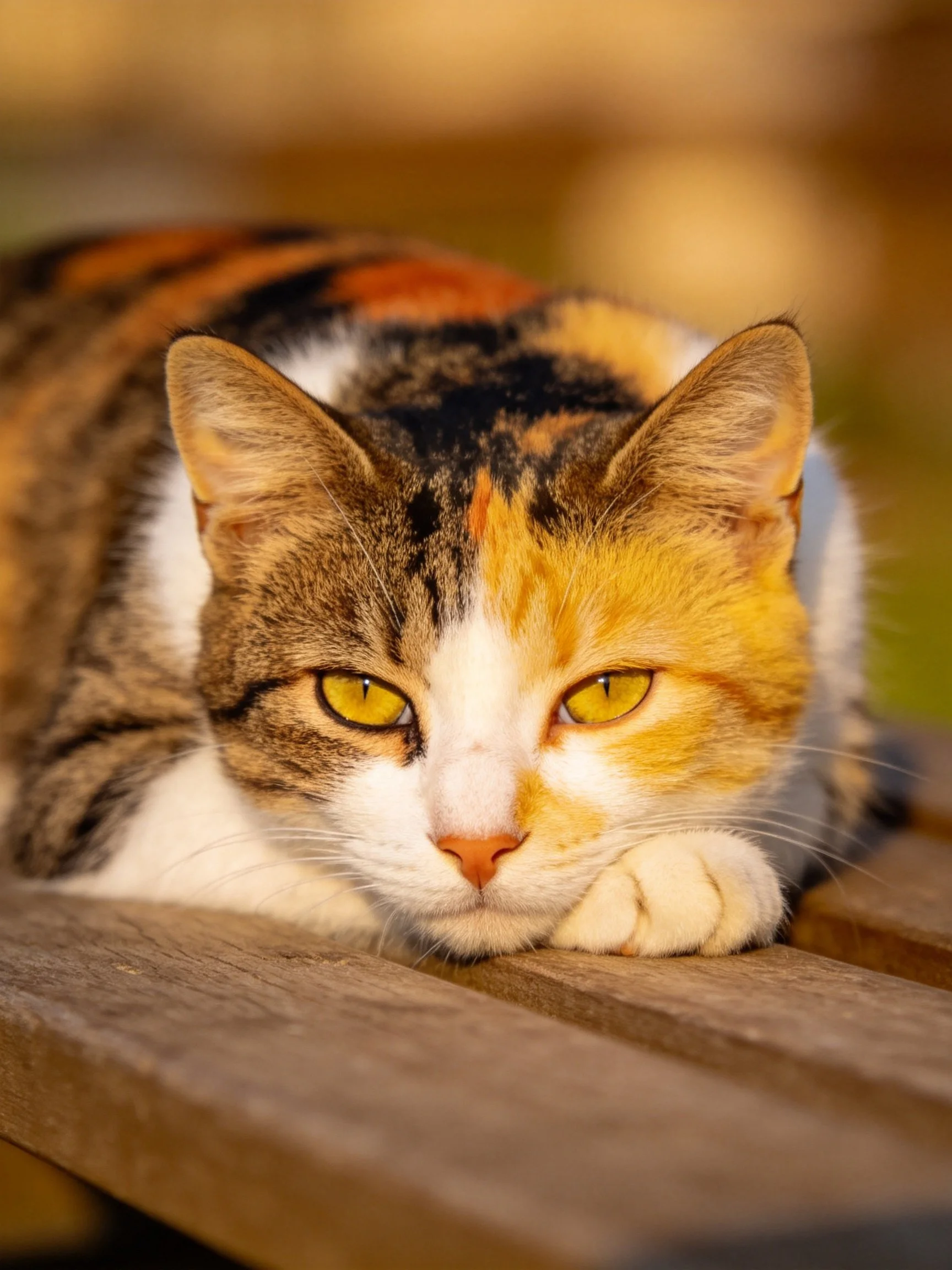 A tricolor calico cat rests on a wooden bench with warm lighting