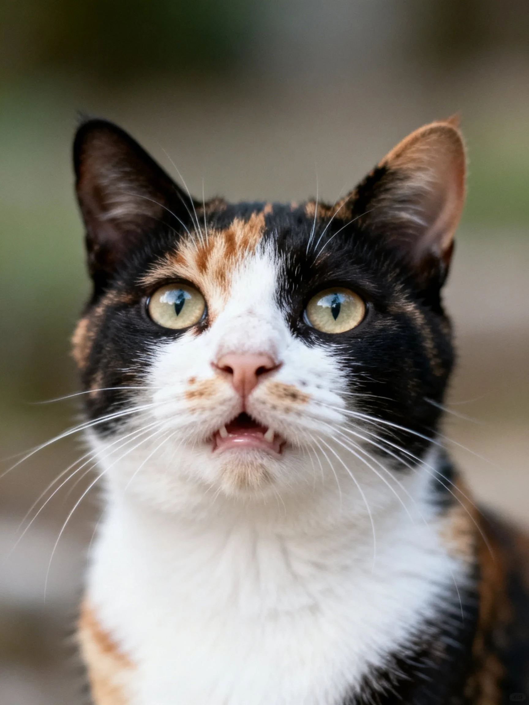 A tricolor calico cat gazes attentively with striking green eyes.