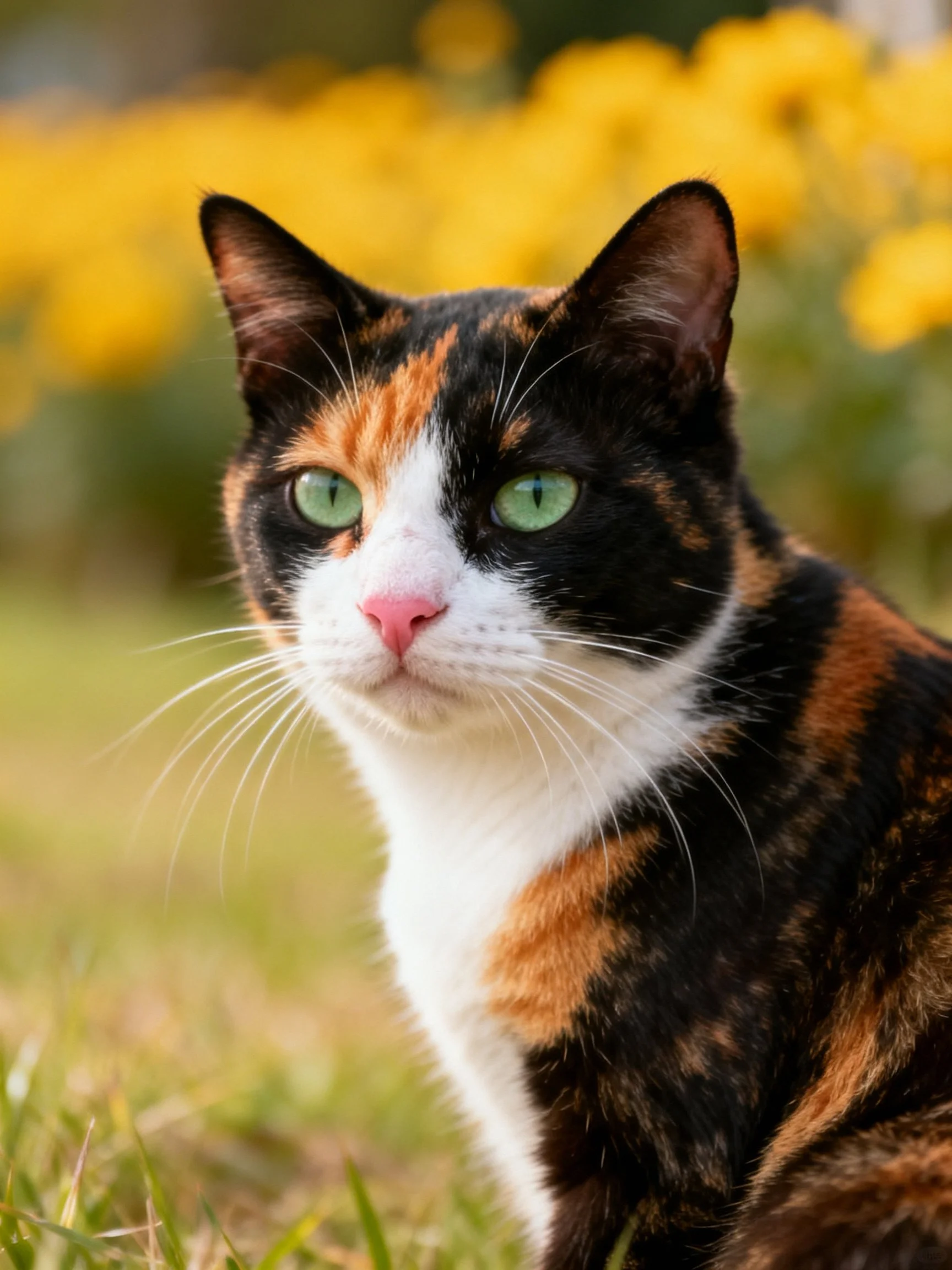 A tricolor calico cat with green eyes sits near yellow flowers in an outdoor setting.