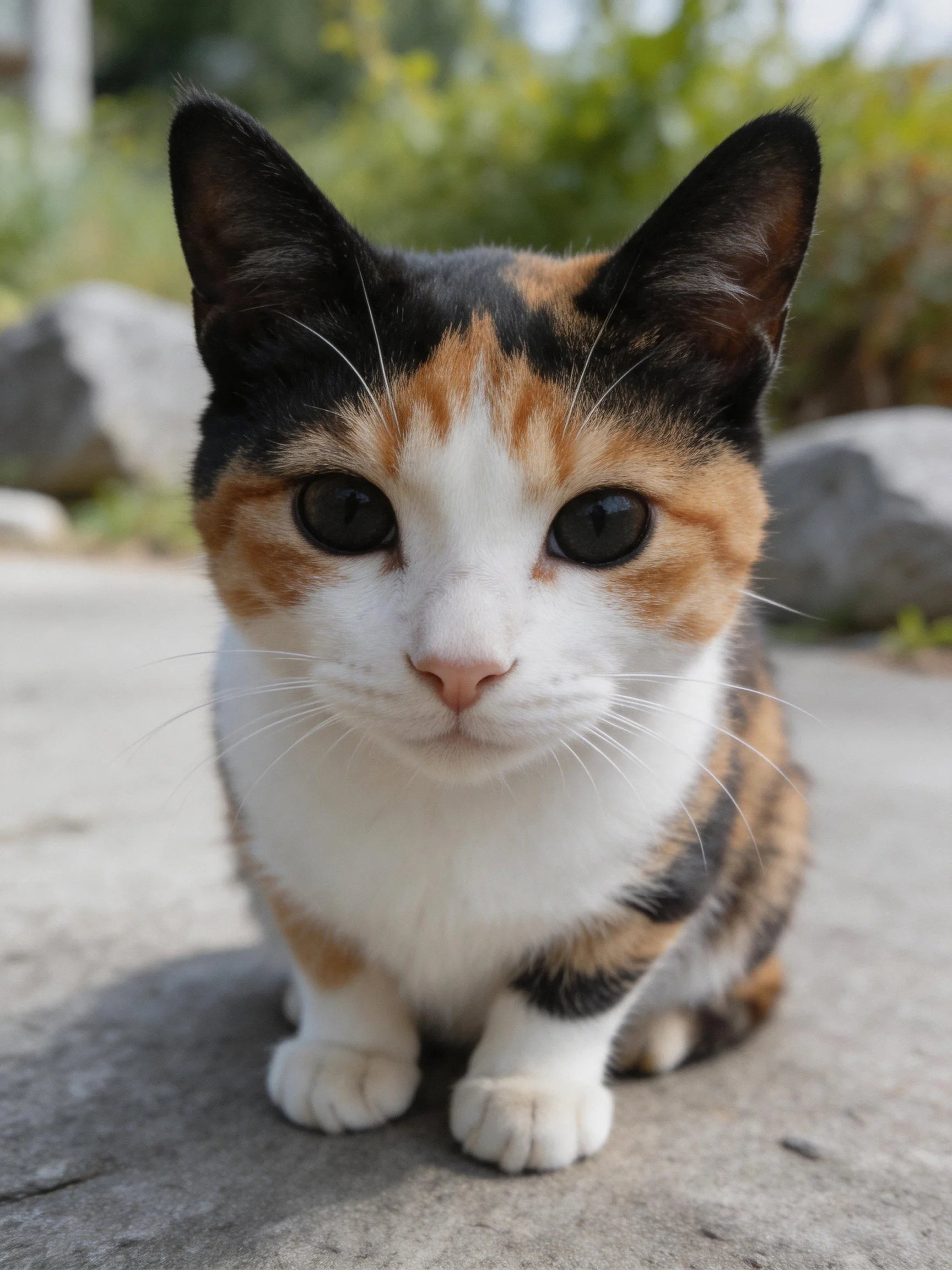 A tricolor calico kitten sits attentively on a stone surface
