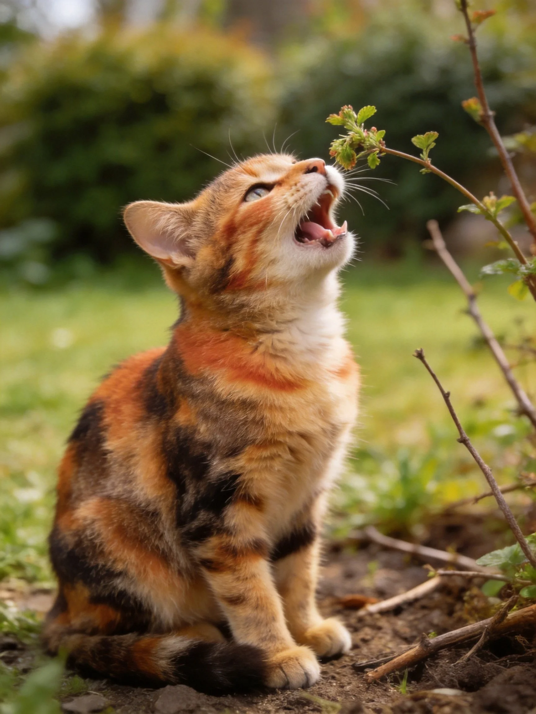 A tricolor calico kitten sniffs green foliage in a sunlit garden