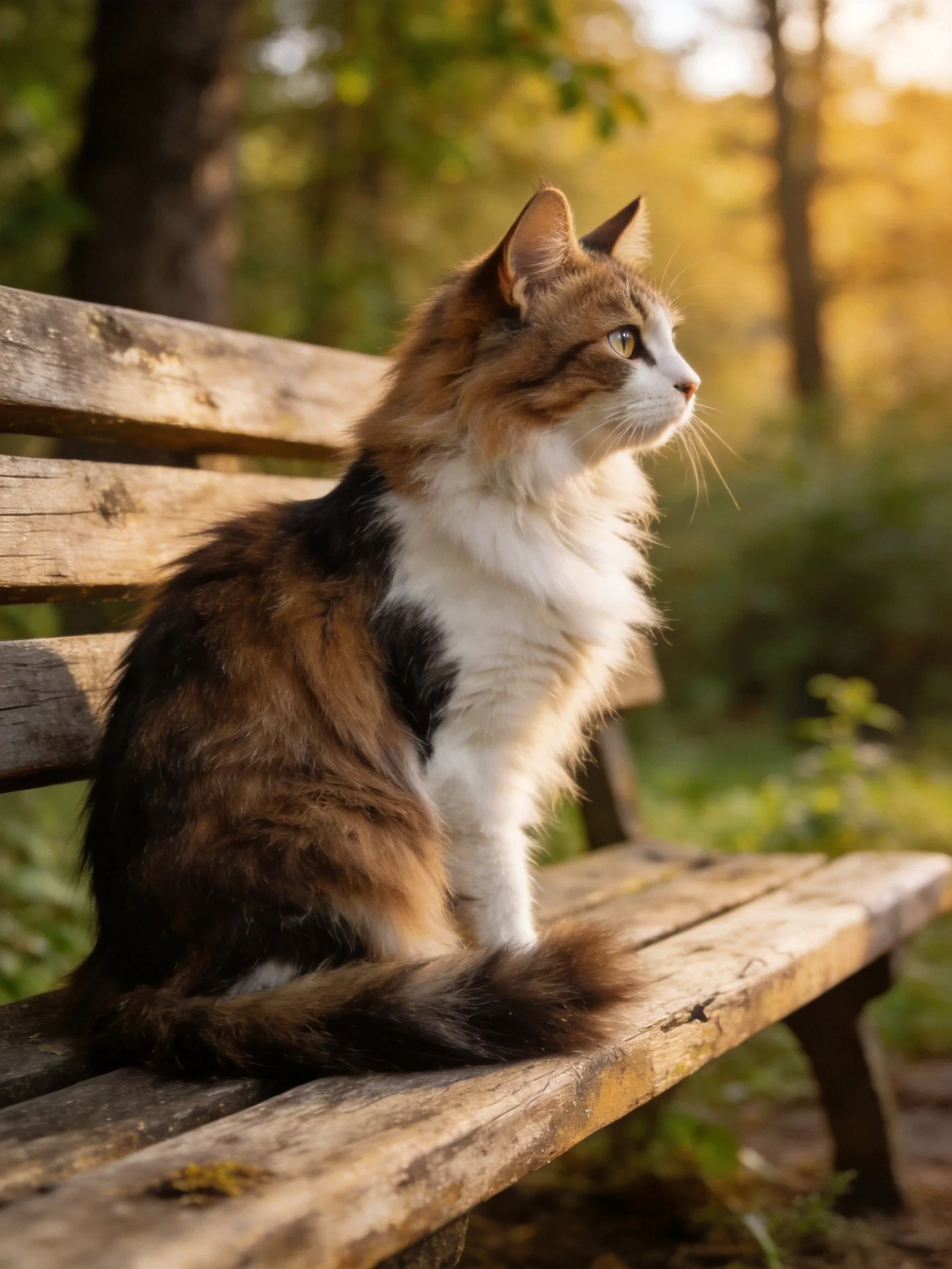 A tricolor cat perches on a worn wooden bench in a sun-dappled outdoor space.