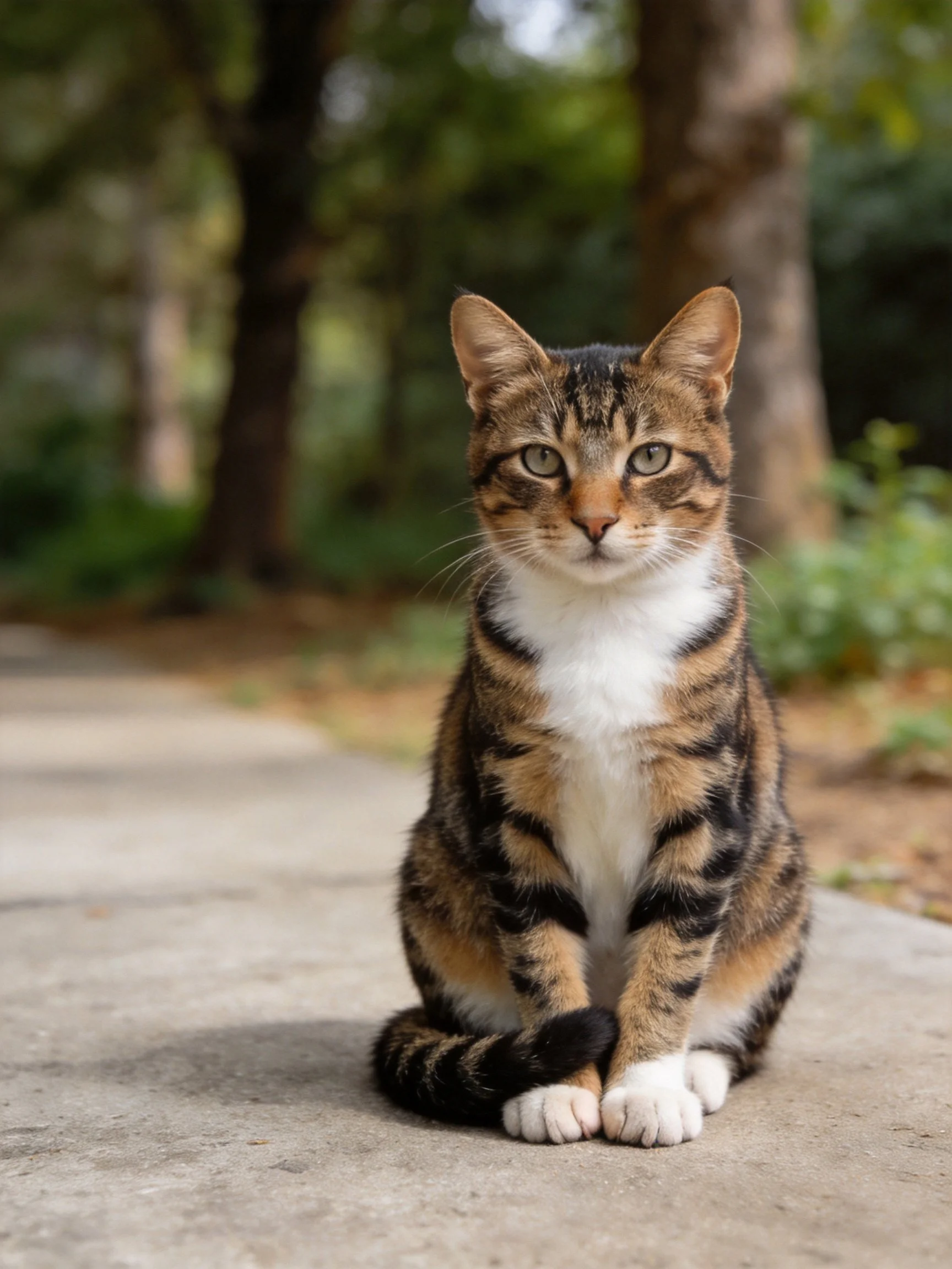 A tricolor cat sits calmly on a concrete path near trees