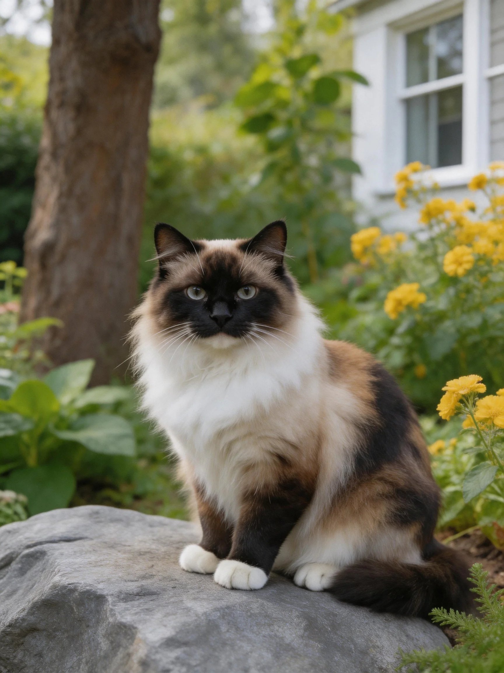 A tricolor cat sits on a stone in a garden with flowers and a house nearby