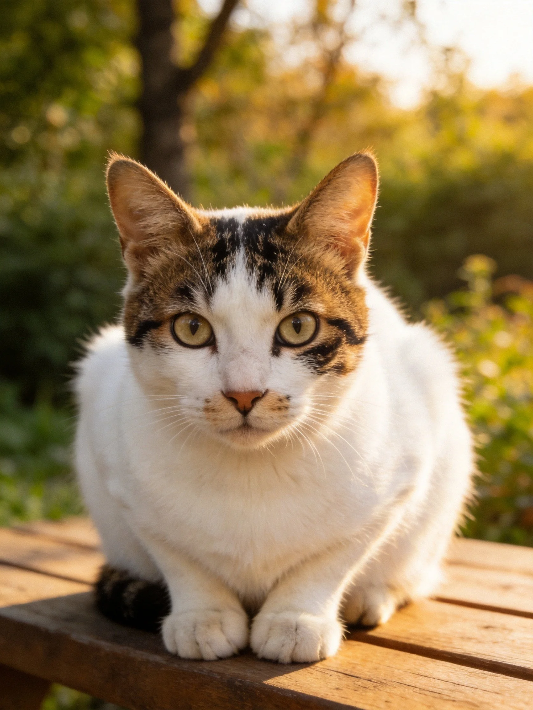 A tricolor cat sits on a wooden bench in a sunlit garden