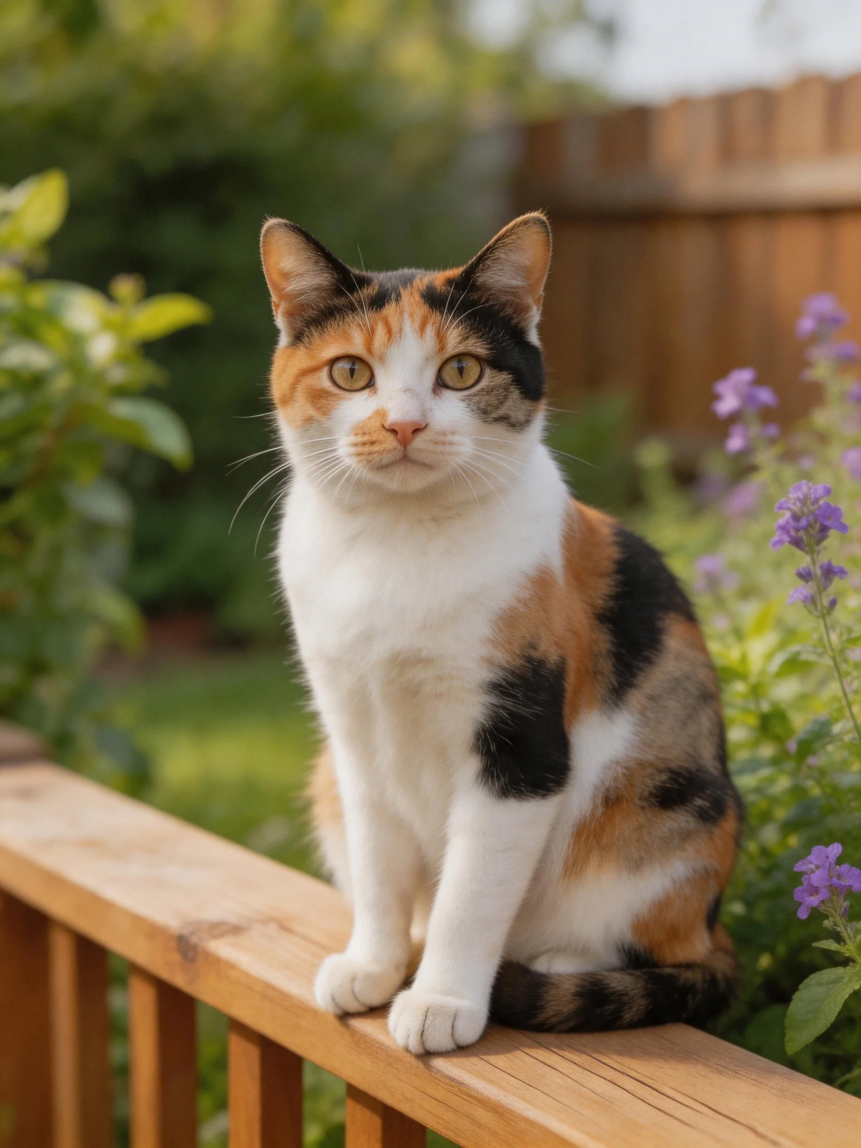 A tricolor cat sits on a wooden fence near greenery and purple flowers