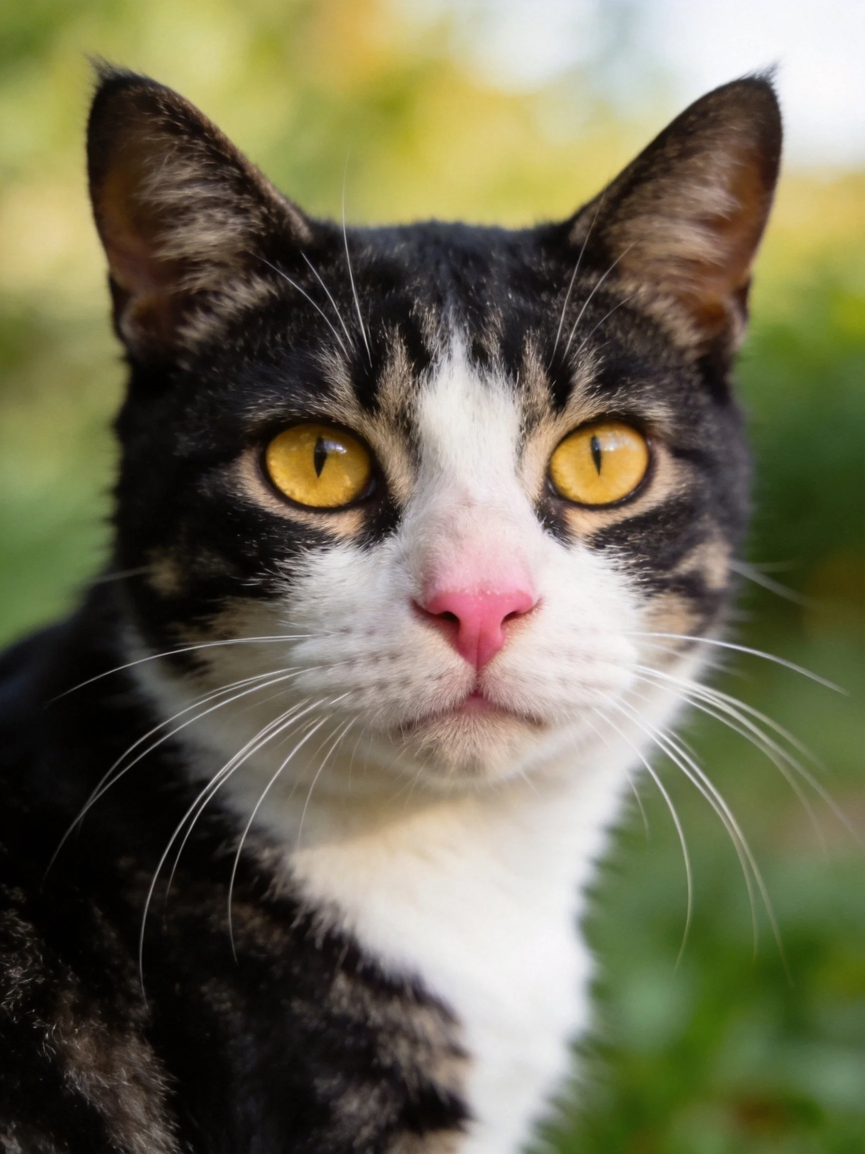 A tricolor cat with bright yellow eyes gazes directly at the camera