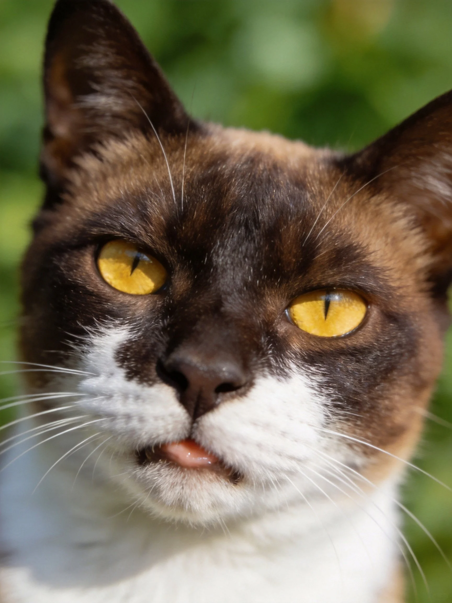 A tricolor cat with bright yellow eyes is photographed closely.