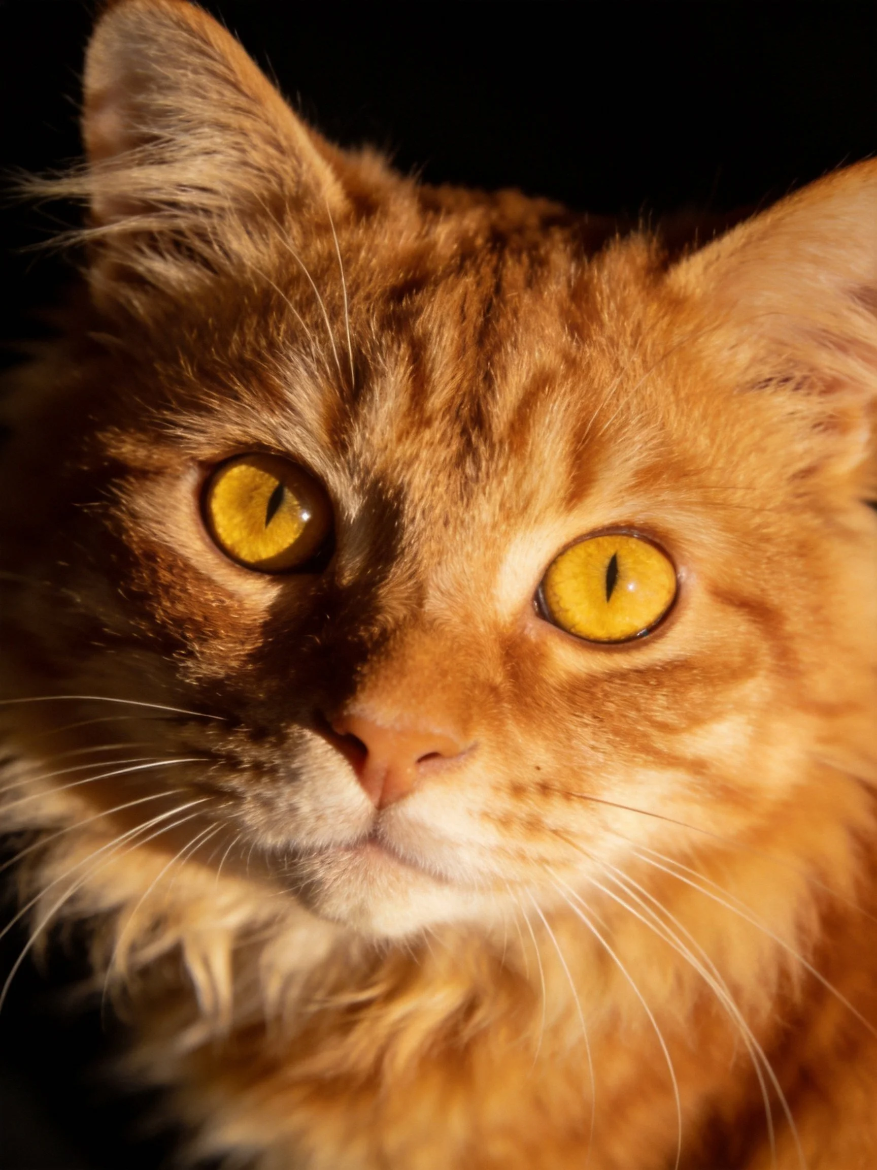 A two-toned cat with bright yellow eyes gazes directly at the viewer.