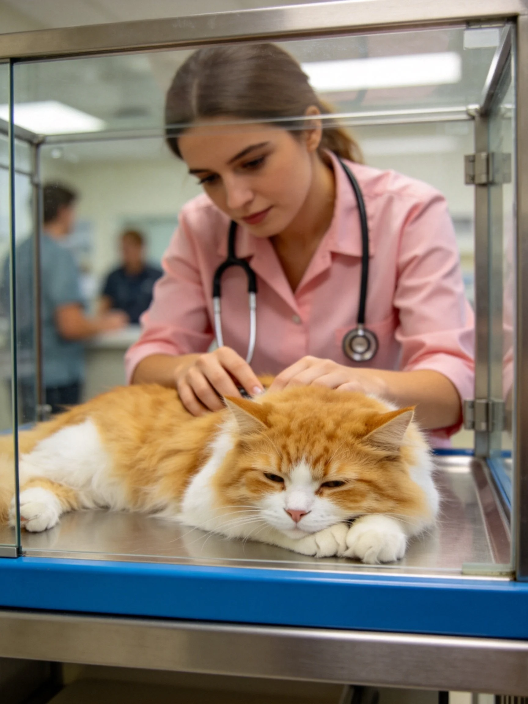 A veterinarian in pink examines an orange - white cat in a clinic.
