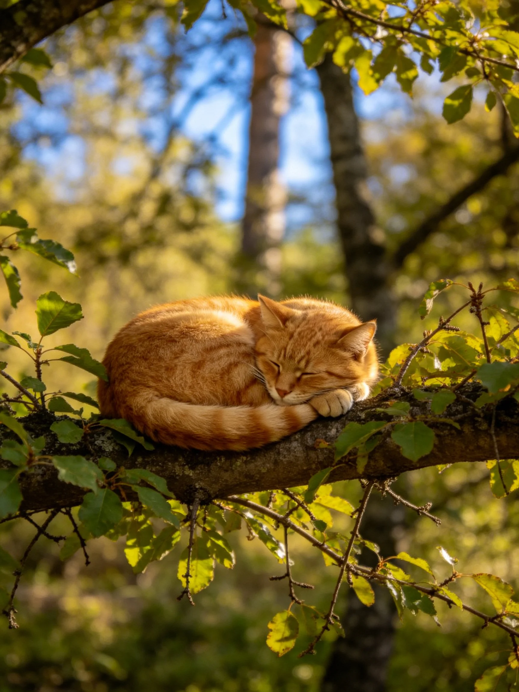 A vibrant orange tabby cat curled up on a tree branch