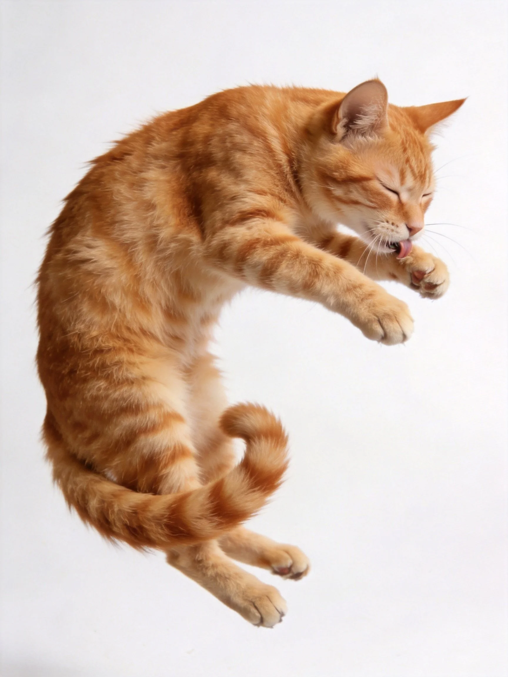 A vibrant orange tabby cat leaping mid-air while grooming