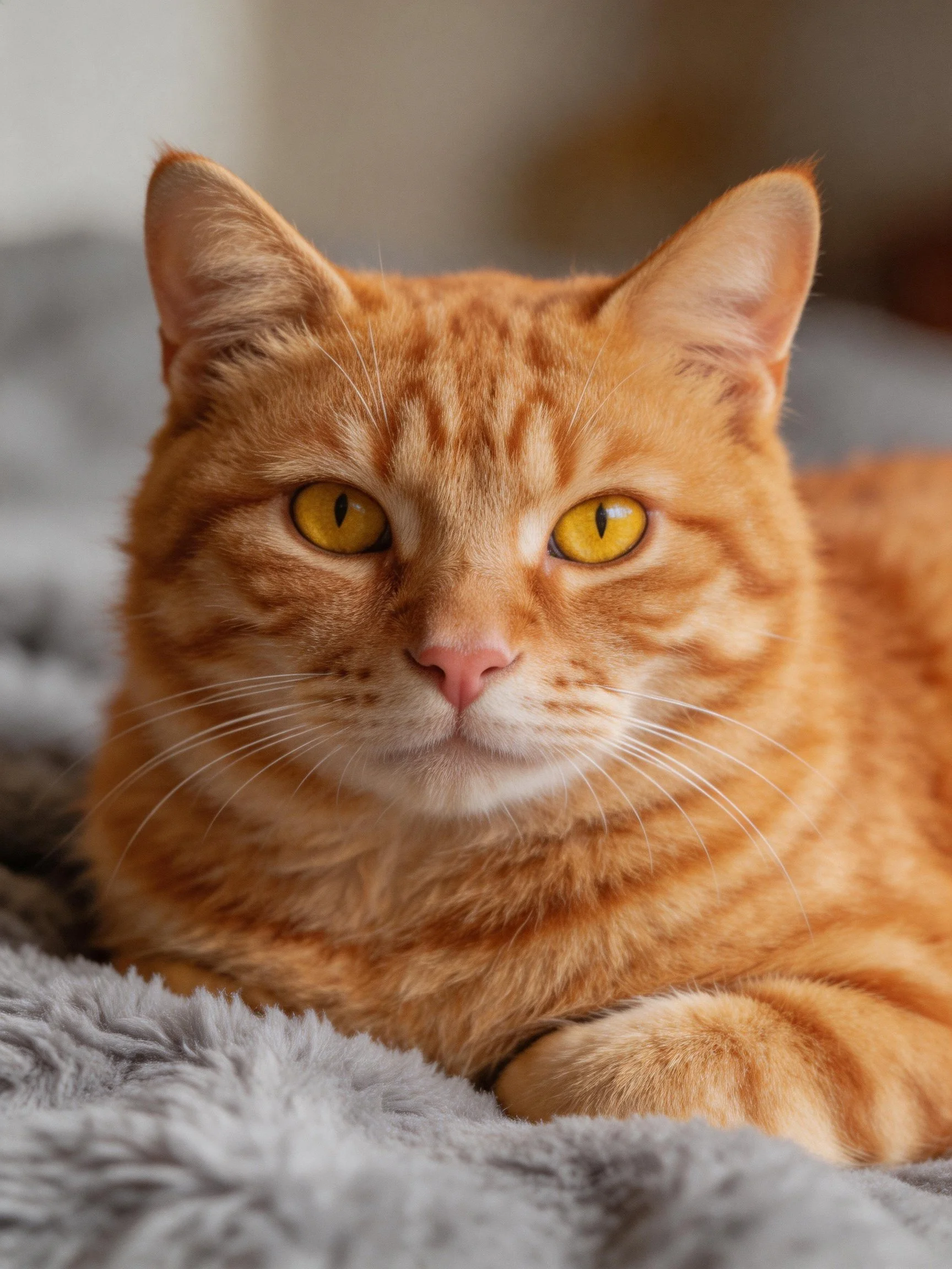 A vibrant orange tabby cat lounging on a soft gray blanket