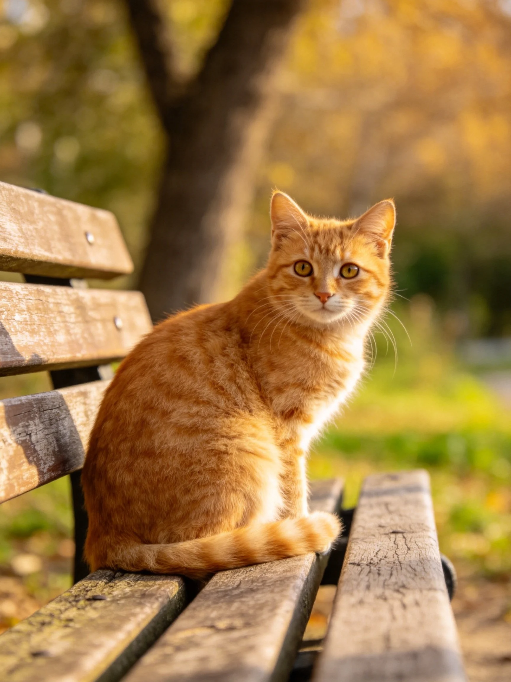 A vibrant orange tabby cat perched on a weathered wooden bench