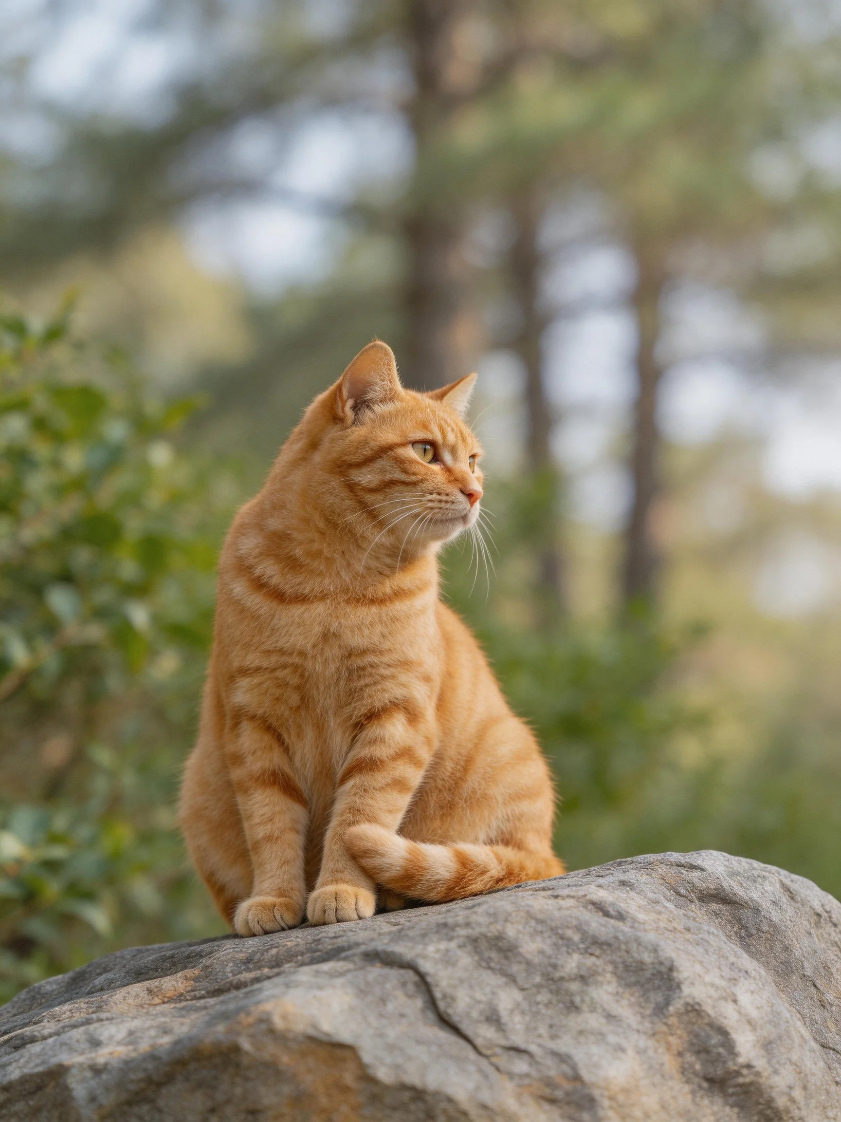 An orange tabby cat sits on a rock amidst greenery in a natural setting.