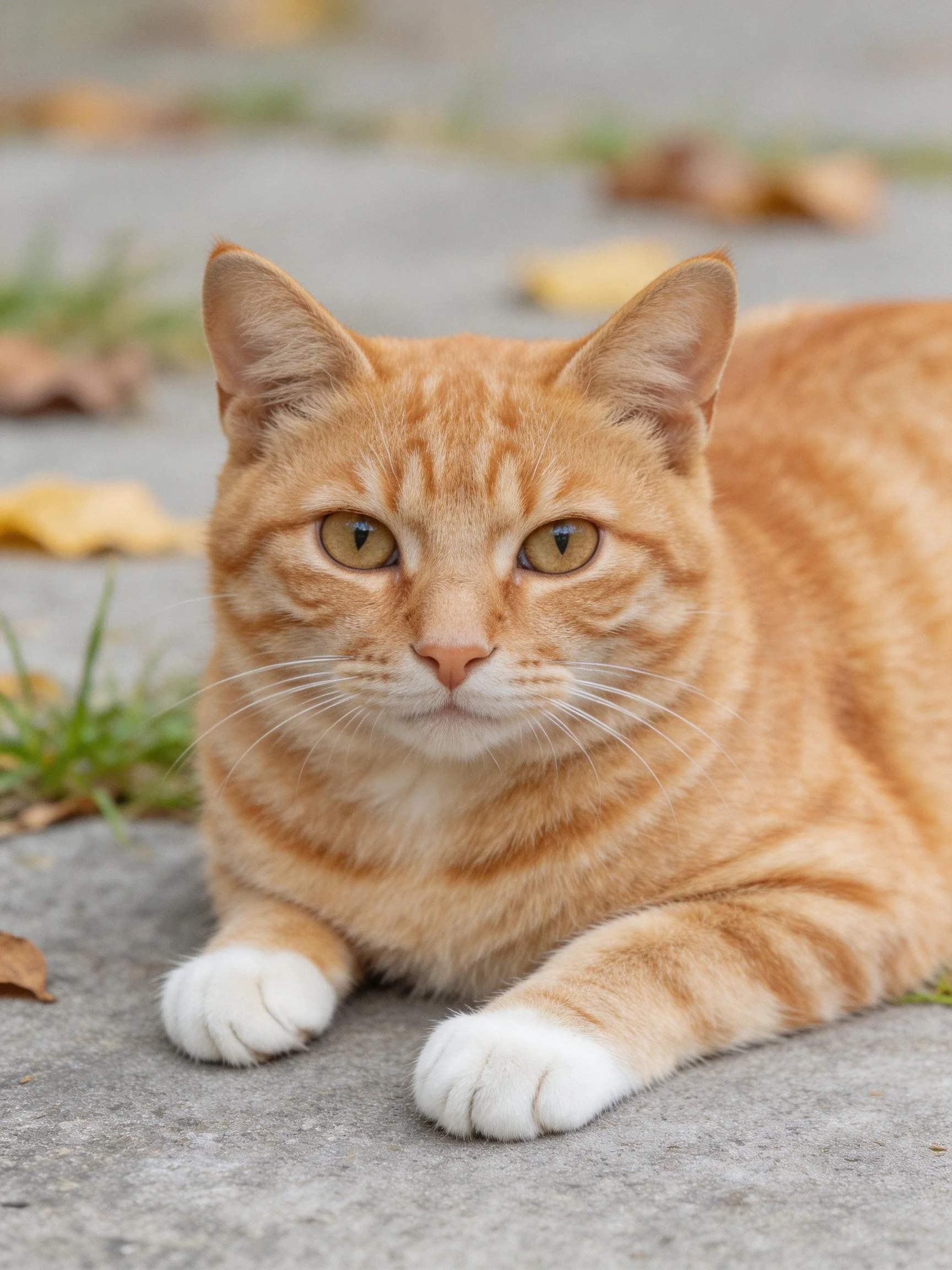 An orange tabby cat relaxes on a concrete area with scattered leaves.