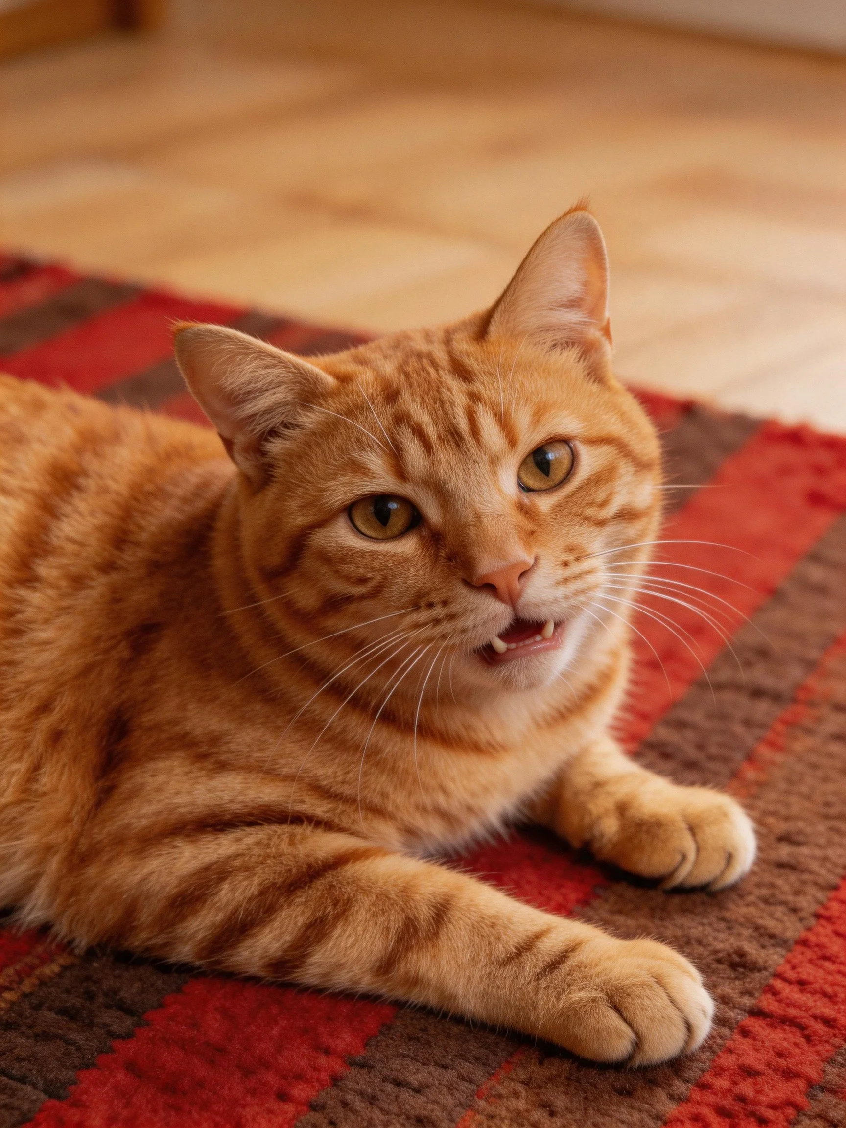 A vibrant orange tabby cat resting on a red-brown striped rug indoors