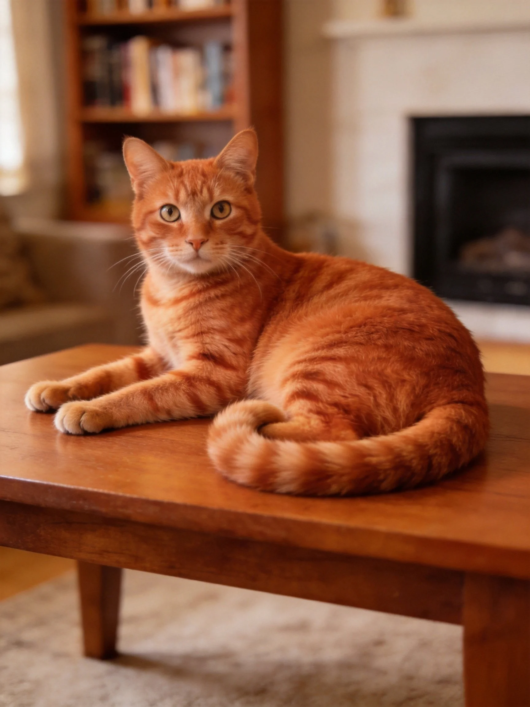 A vibrant orange tabby cat resting on a wooden table