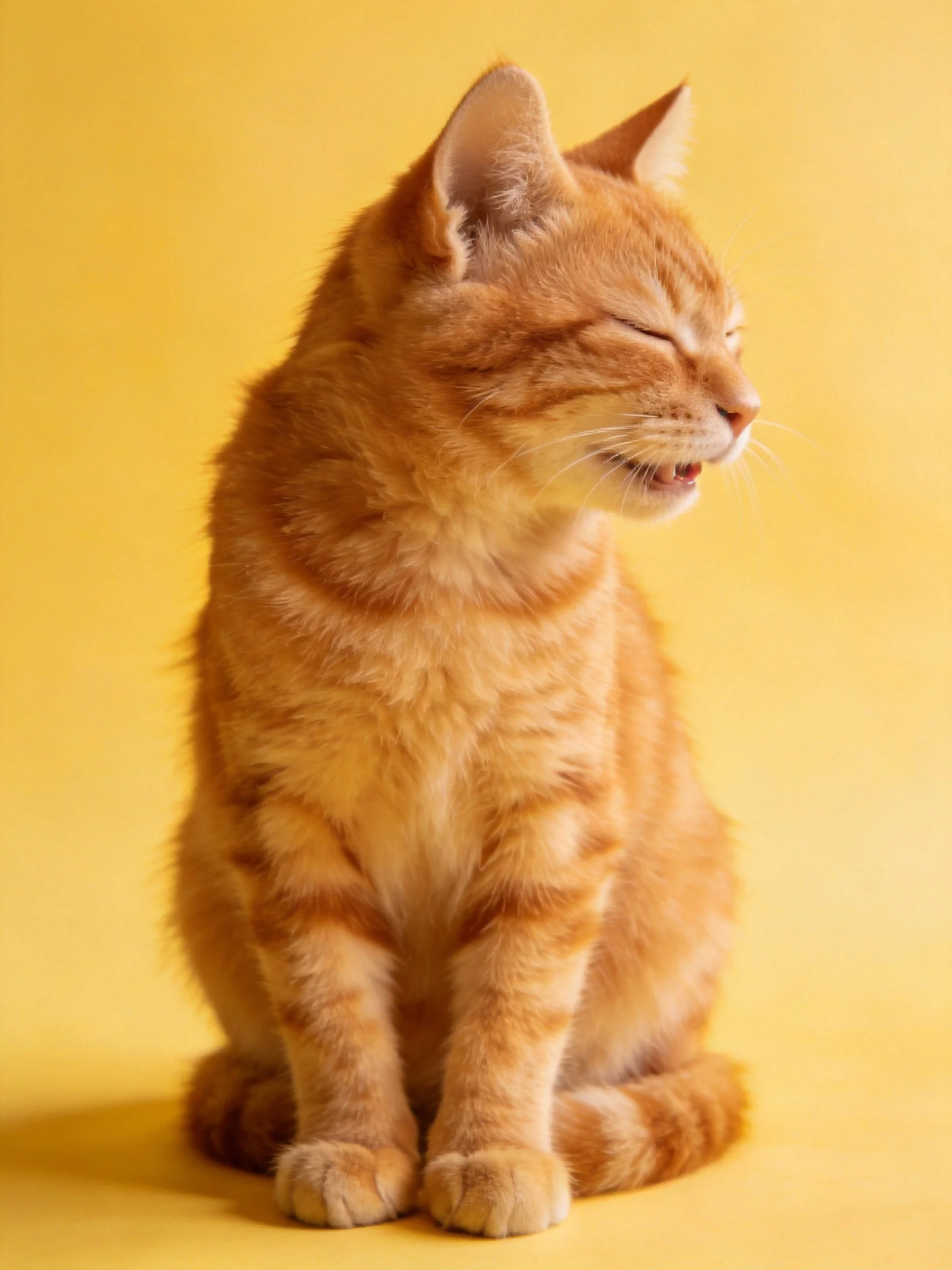 An orange tabby cat sits calmly with eyes closed against a yellow background.