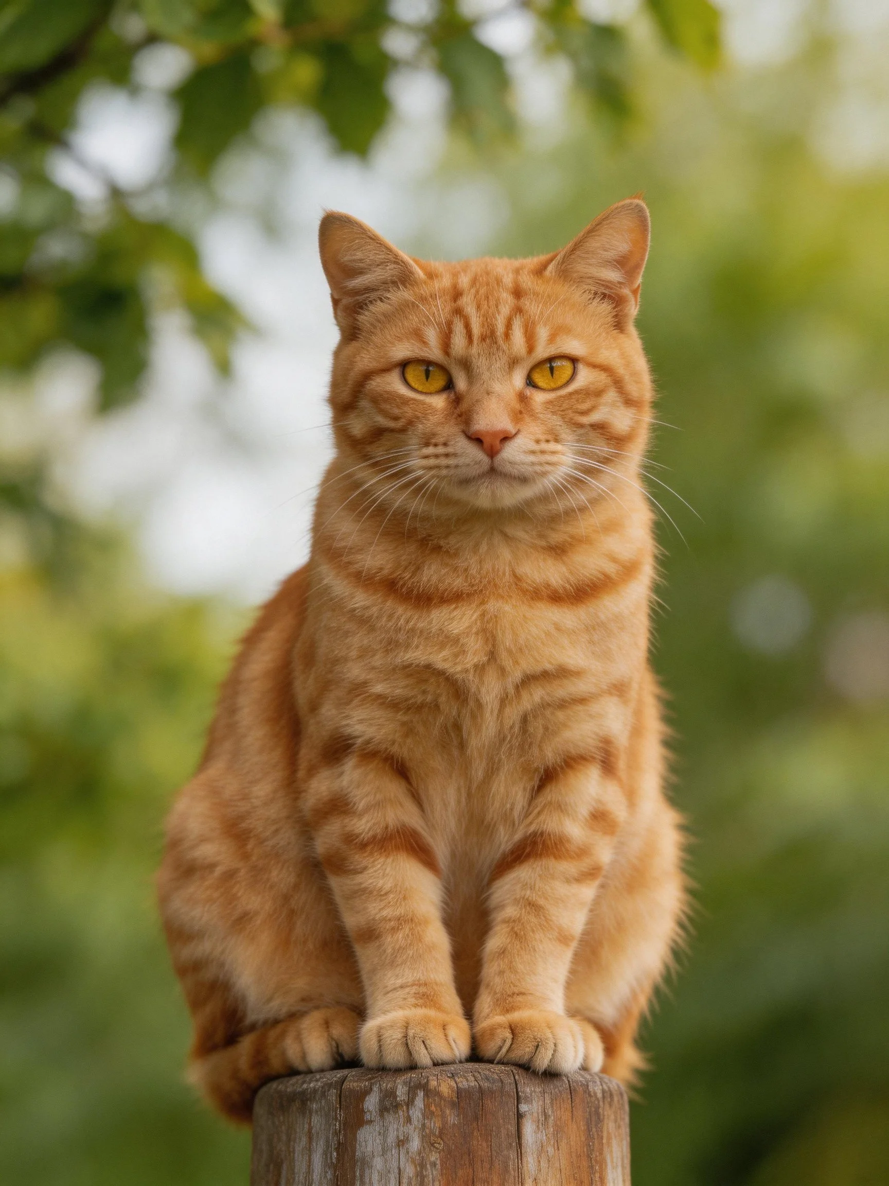 An orange tabby cat sits on a wooden post in a green outdoor setting.