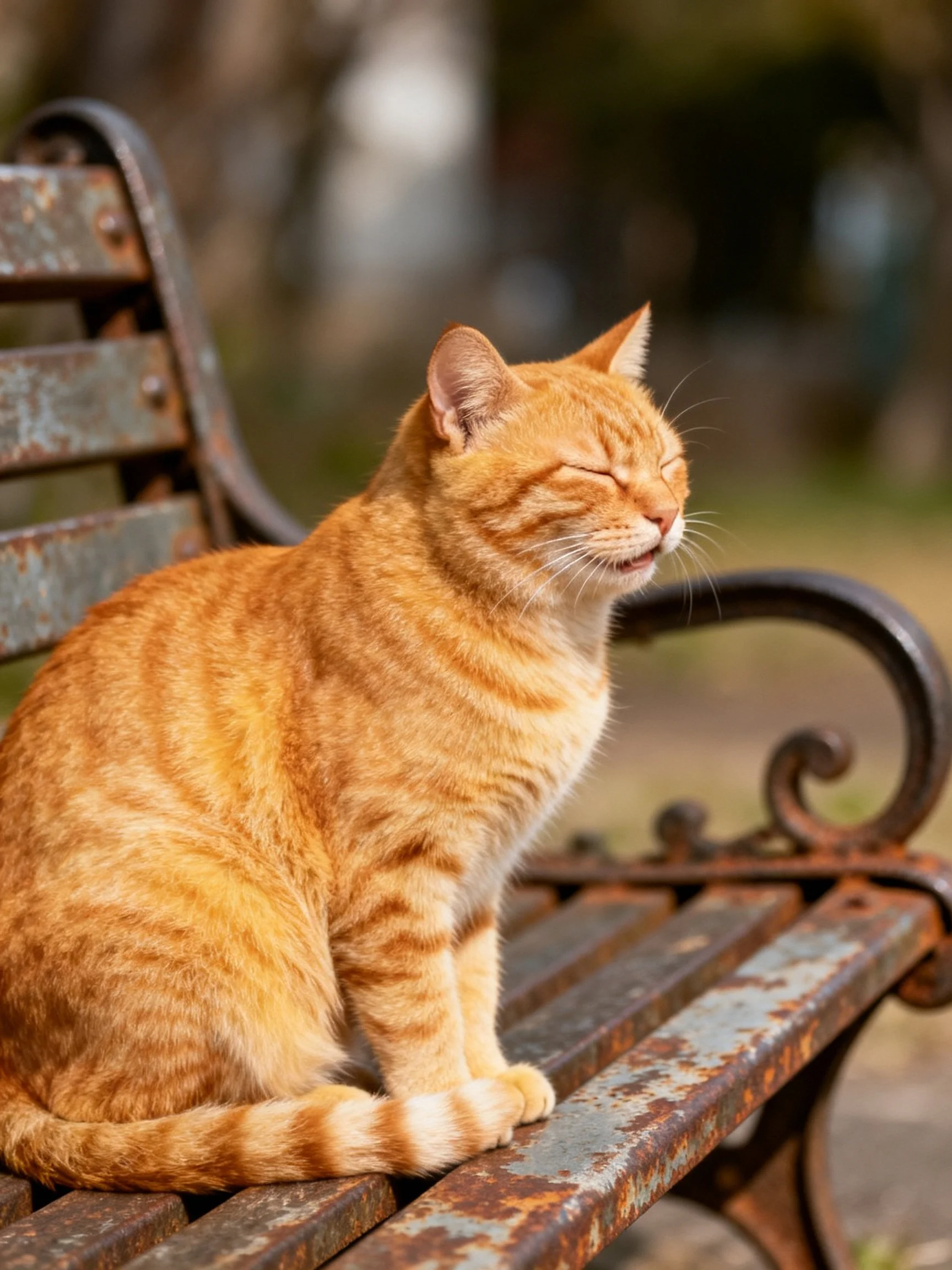 An orange tabby cat relaxes on a worn park bench