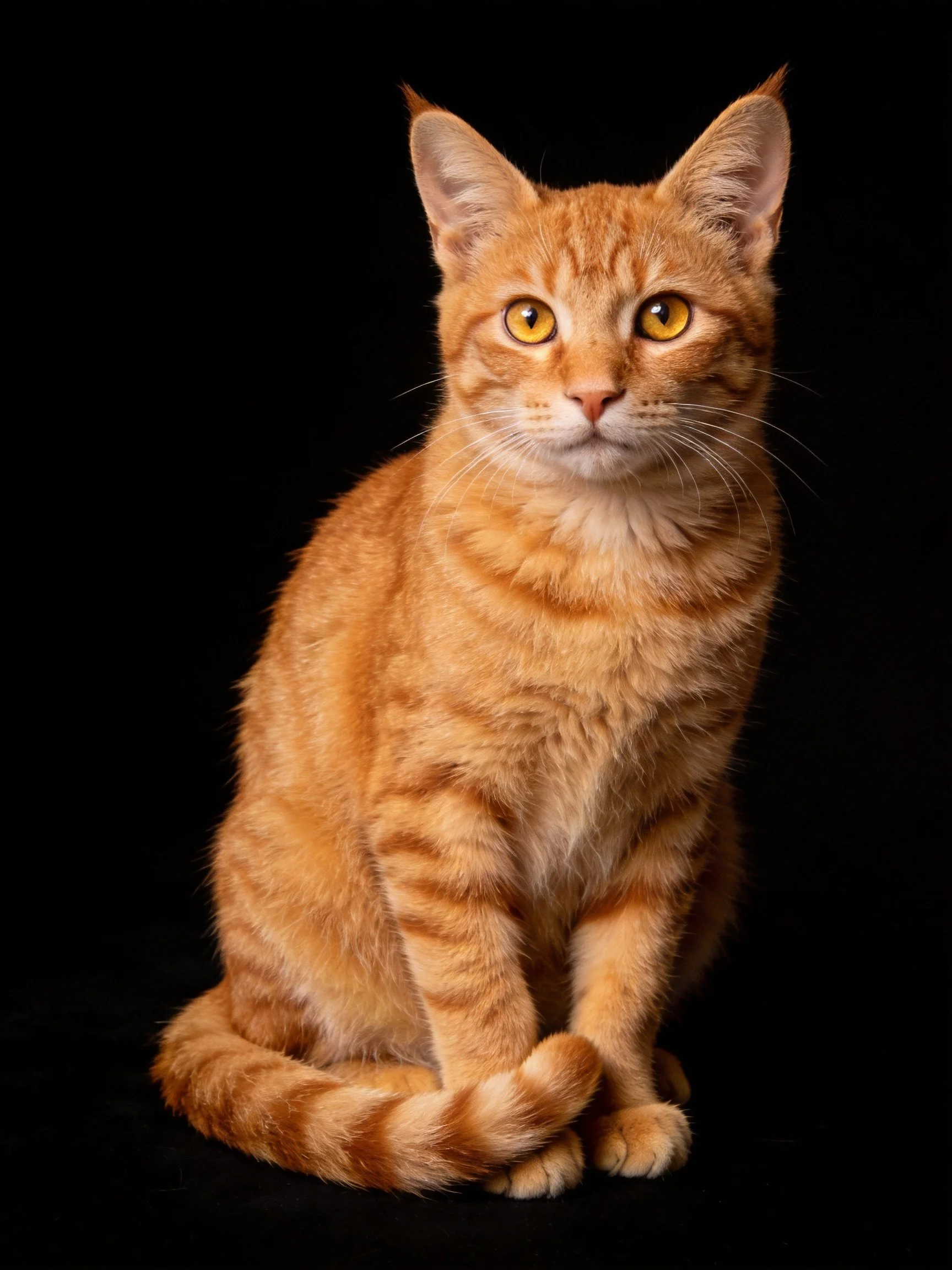 An orange tabby cat sits calmly against a black background.