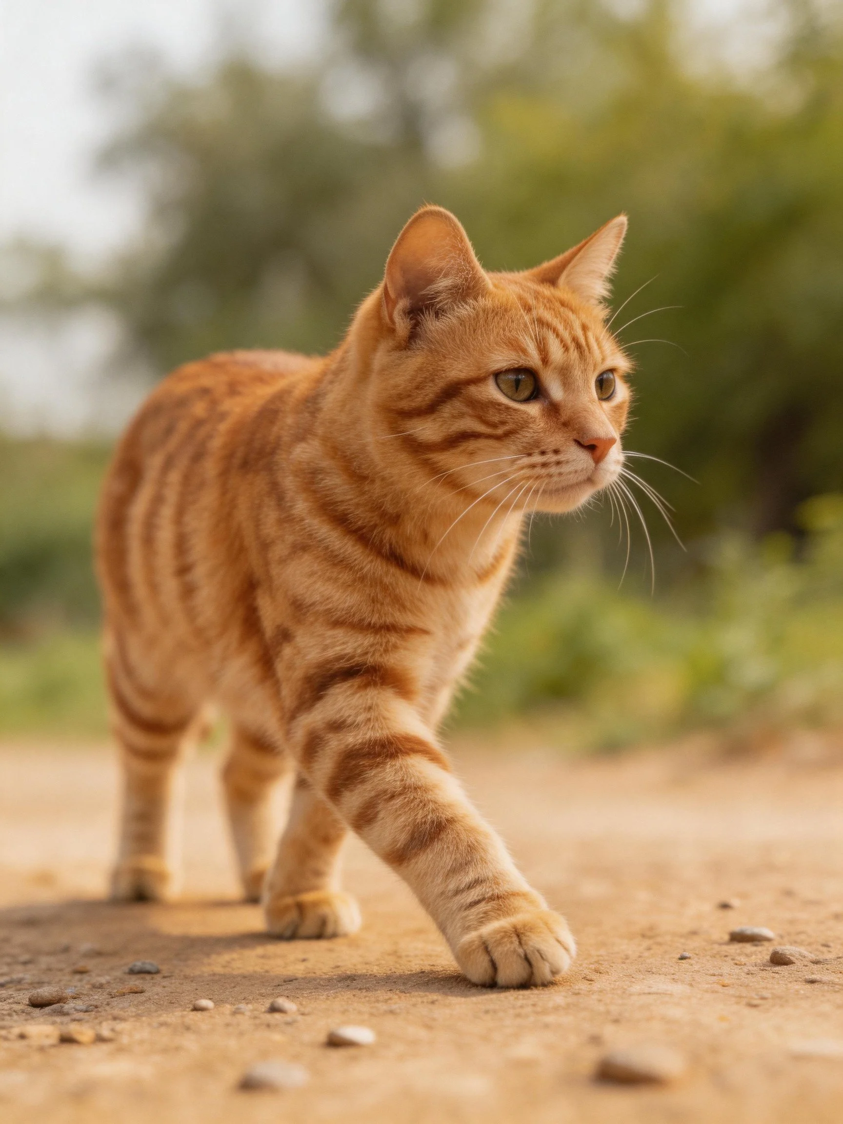 An orange tabby cat walks along a sunlit dirt path outdoors.