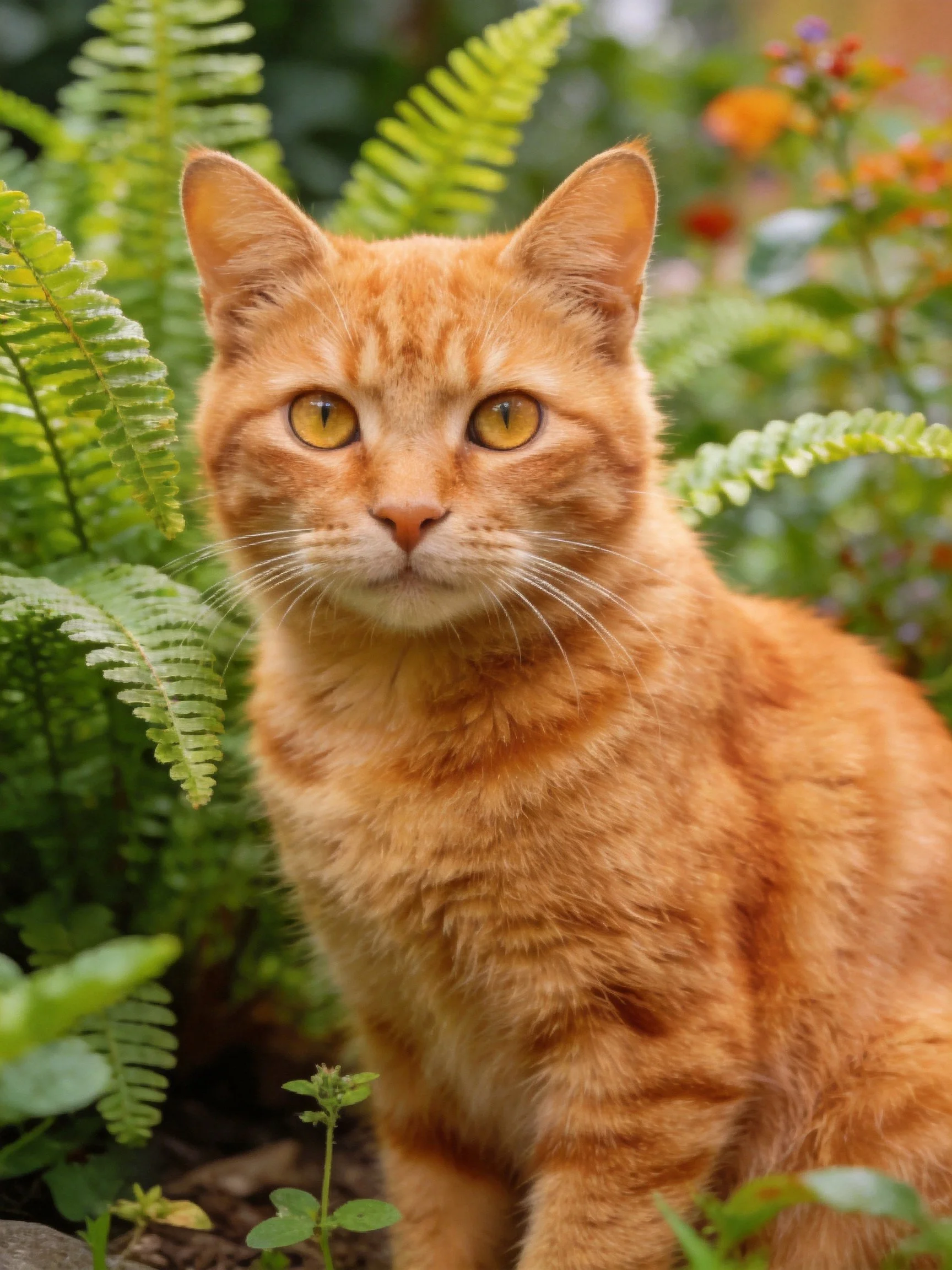 A vibrant orange tabby cat surrounded by lush green ferns and colorful plants